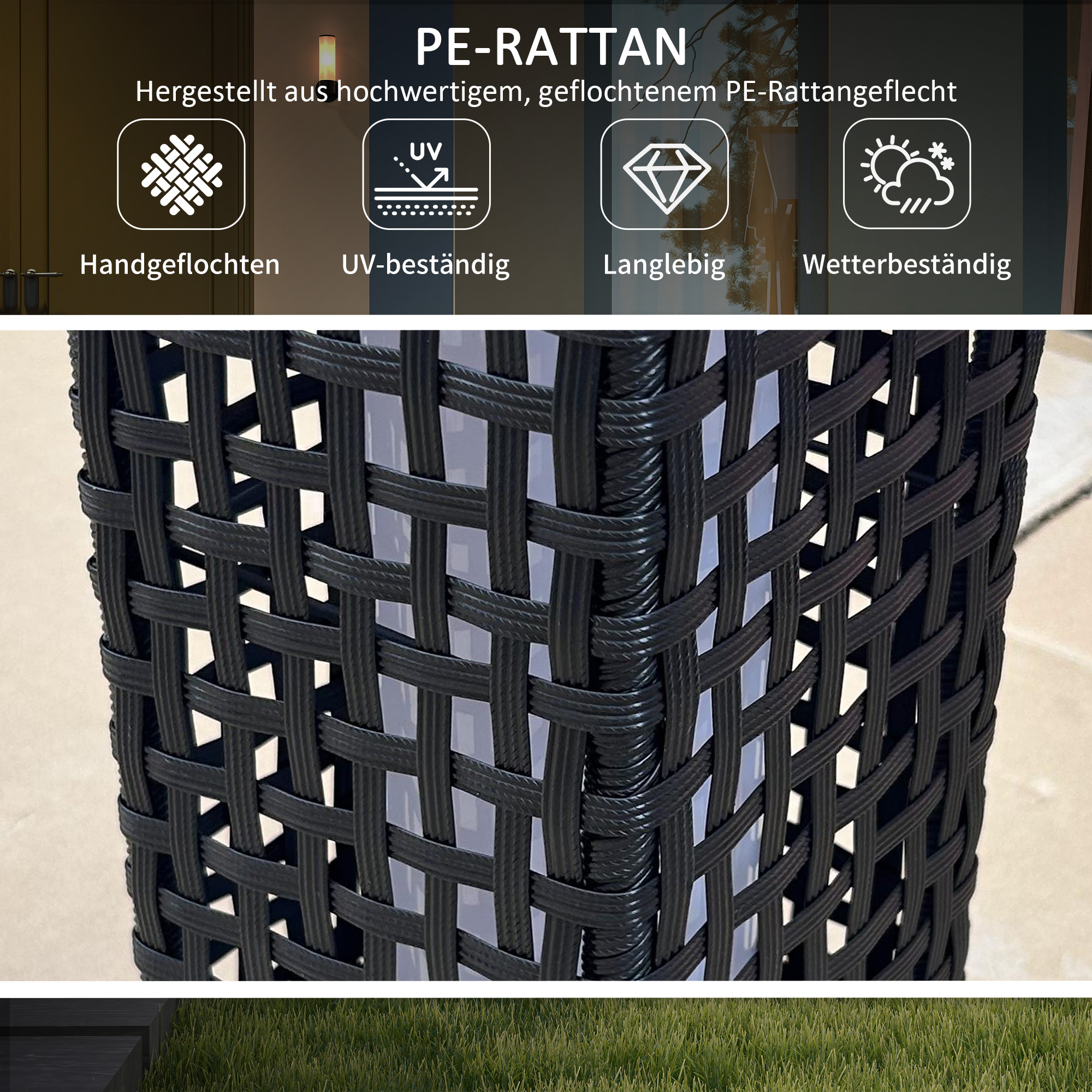 Außenleuchte mit Solarmodul, Einschaltautomatik, 8 h Betriebszeit, Rattanoptik, Stahl, 15,5 x 15,5 x 46 cm, Schwarz