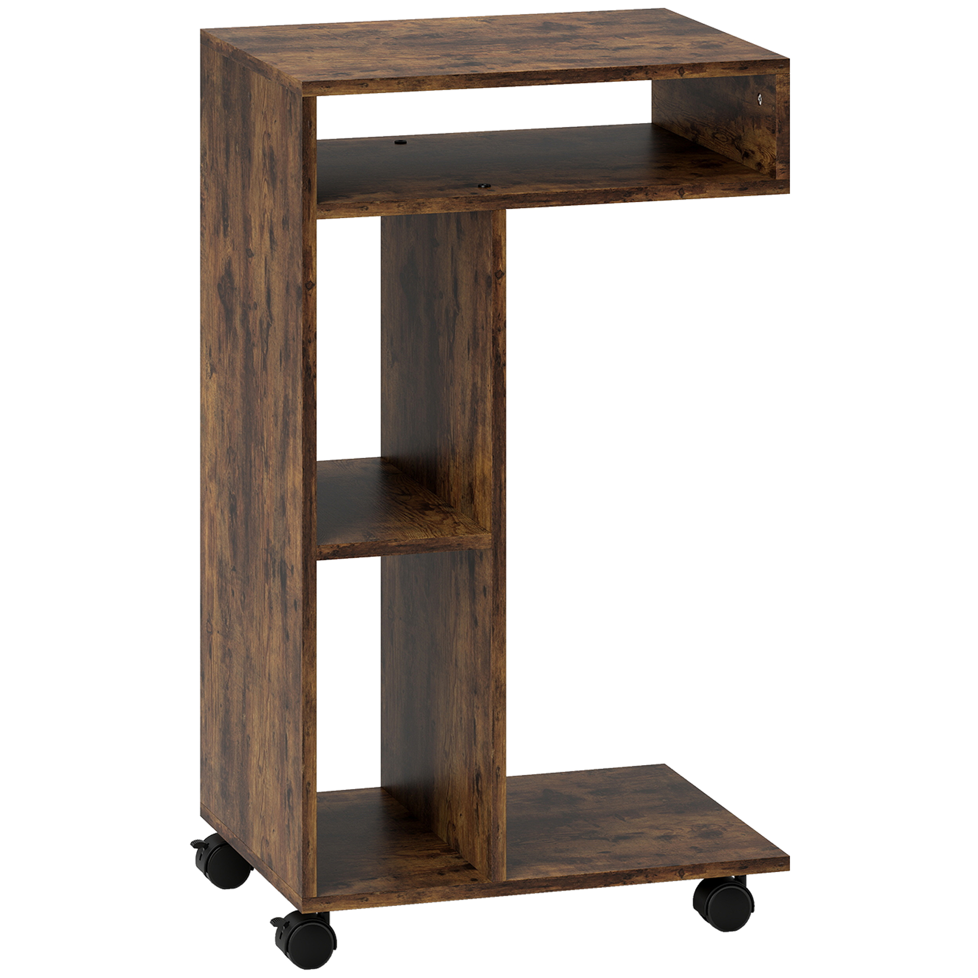 Beistelltisch, C-förmiger Servierwagen, 4 Rollen, 3 Fächer, 40 x 30 x 69 cm, Rustikal-Braun