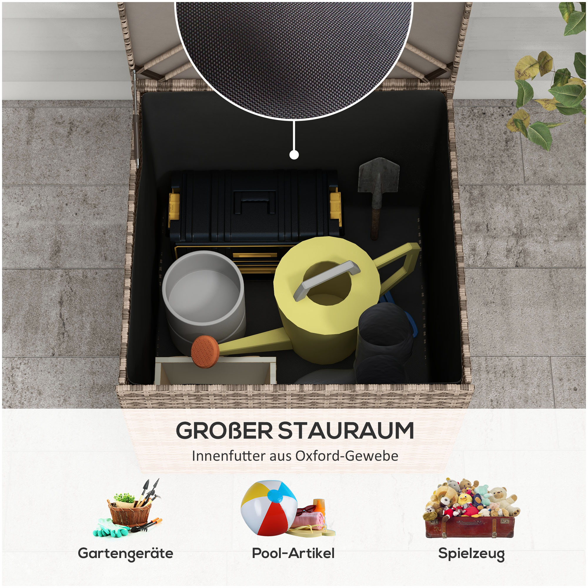 Polyrattan Auflagenbox, Stoff-Innenauskleidung, leichtes Öffnen/Schließen, Metallrahmen, 75B x 75T x 70H cm, Schwarz