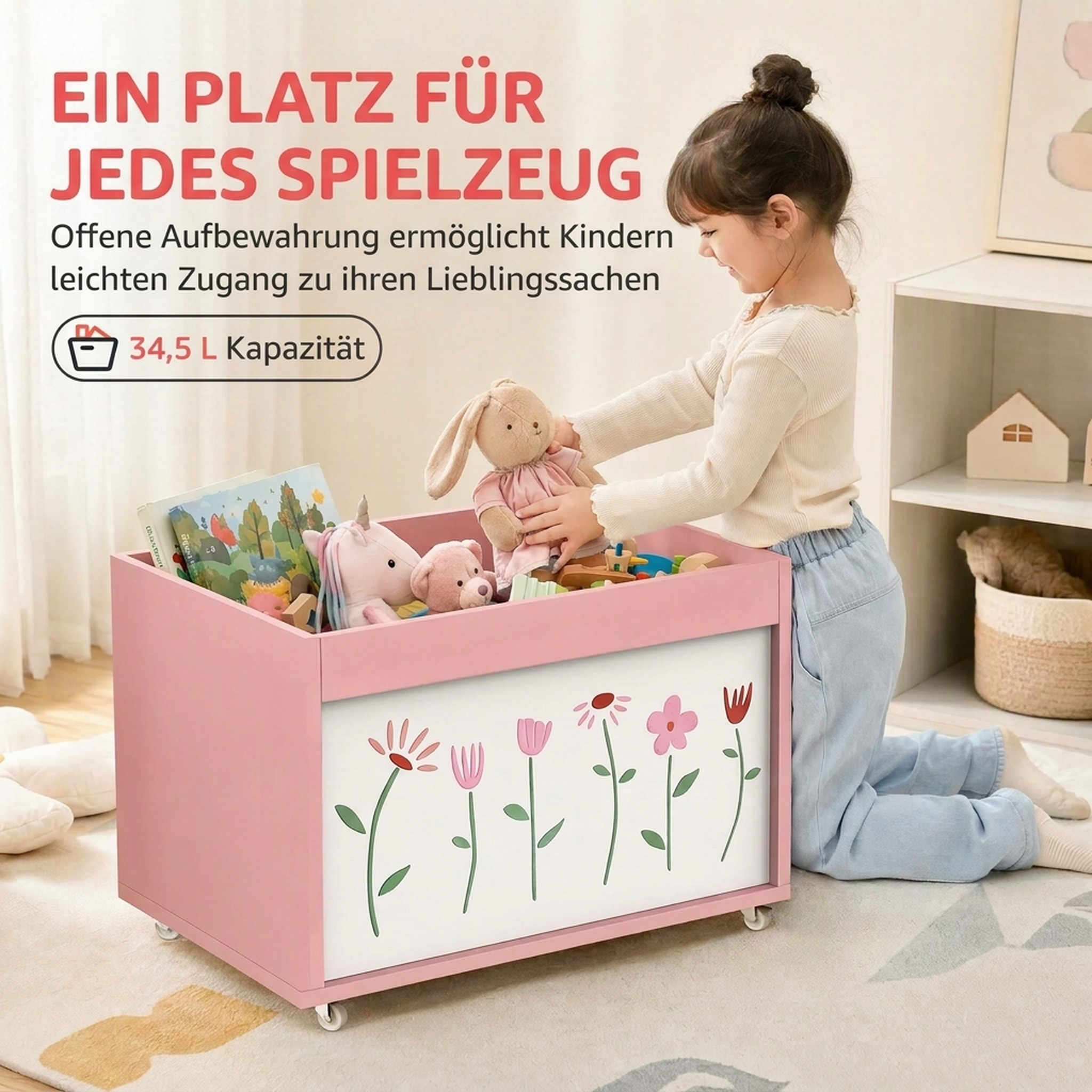 Spielzeugkiste, Aufbewahrungsbox mit Rollen Bremsen, 34,5 L offene Spielzeugtruhe mit Blumenmuster, 50 x 30 x 33,5 cm