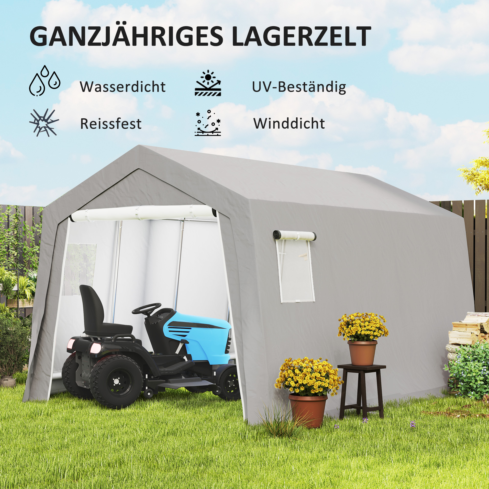 Gerätehaus mit Satteldach wasserdicht Gerätezelt mit Türen, Fenster 300x447x255 cm, Hellgrau