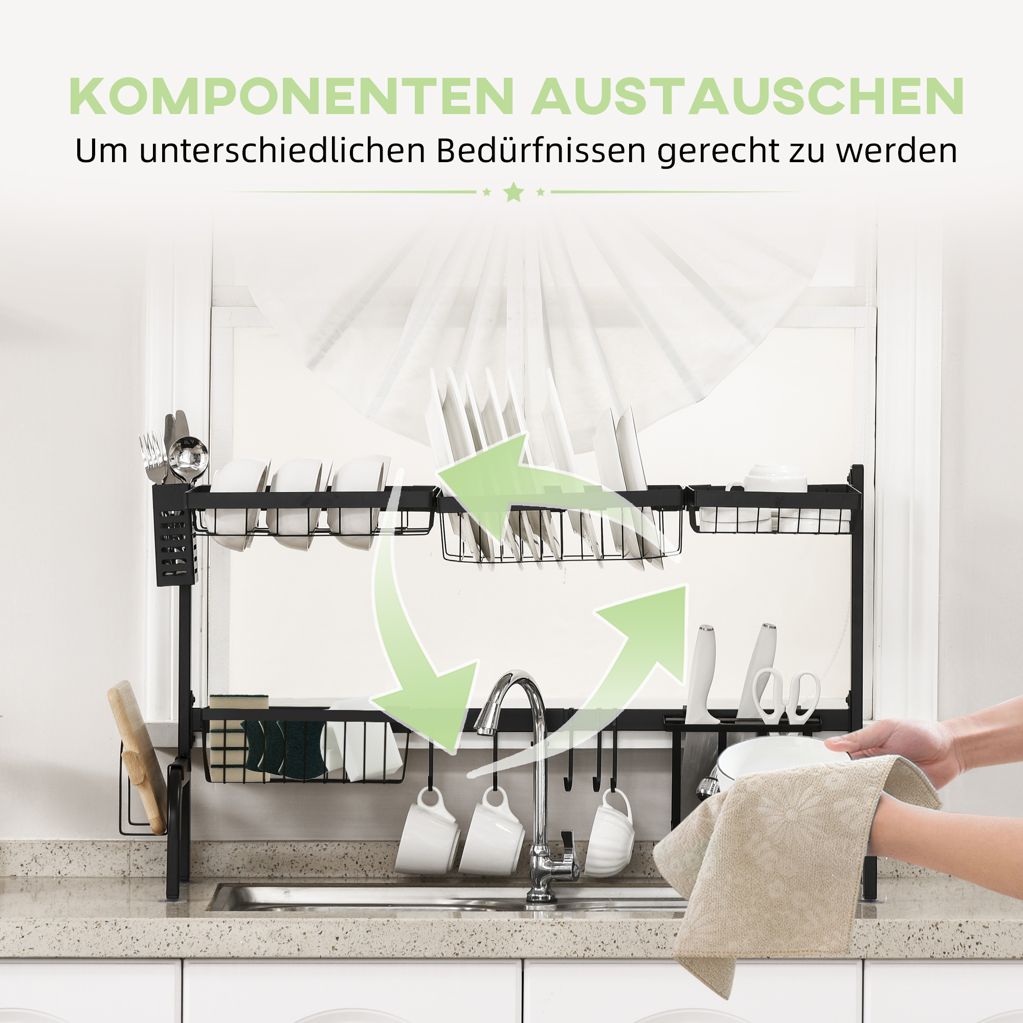 Abtropfgestell, längenverstellbar 51-93 cm, viele Elemente, flexible Anordnung, 93 x 30 x 52cm, schwarz