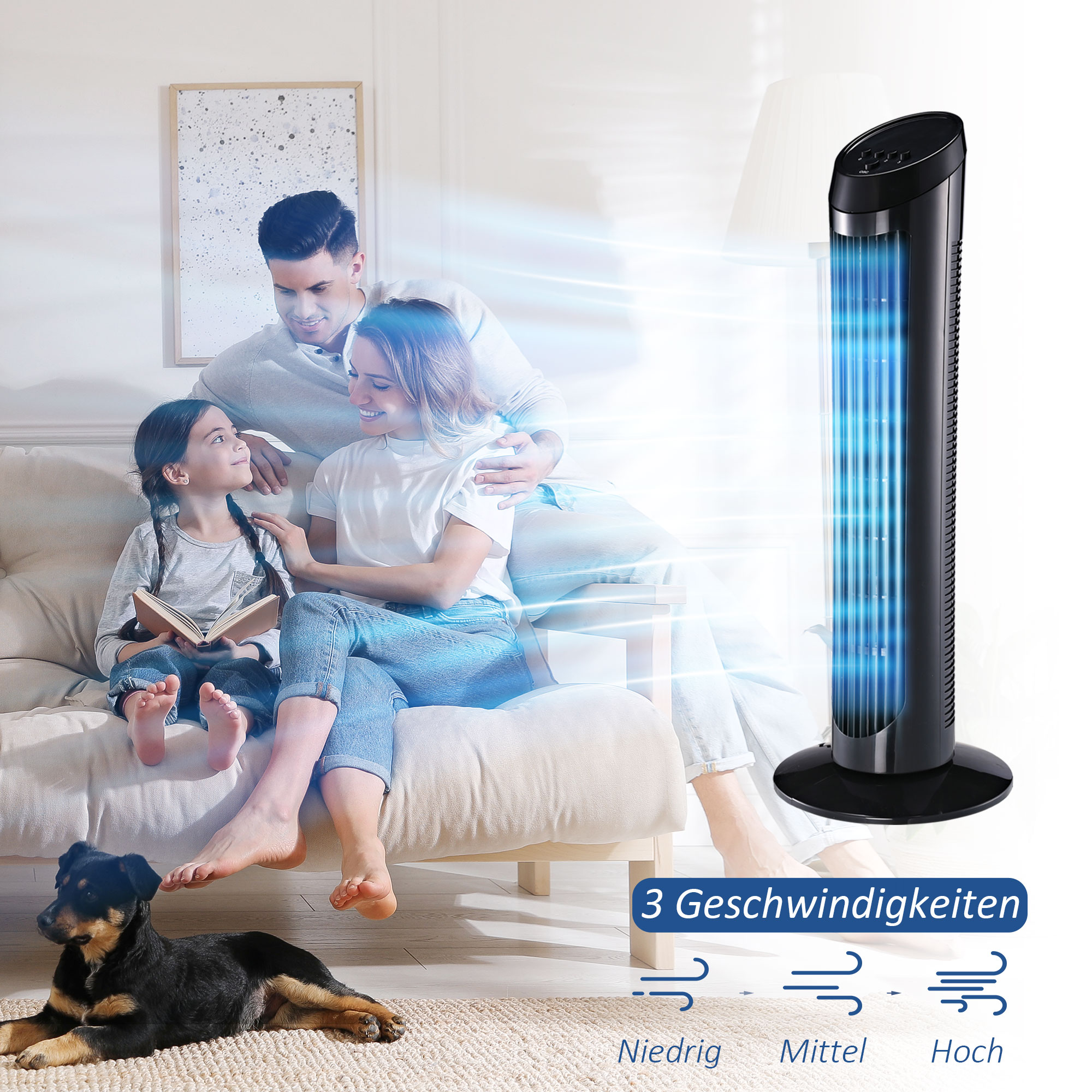 Standventilator 45 W Turmventilator Ventilator leise 3 Belüftungsstufen, 70° Oszillation, ABS, Schwarz, Ø27 x H75 cm