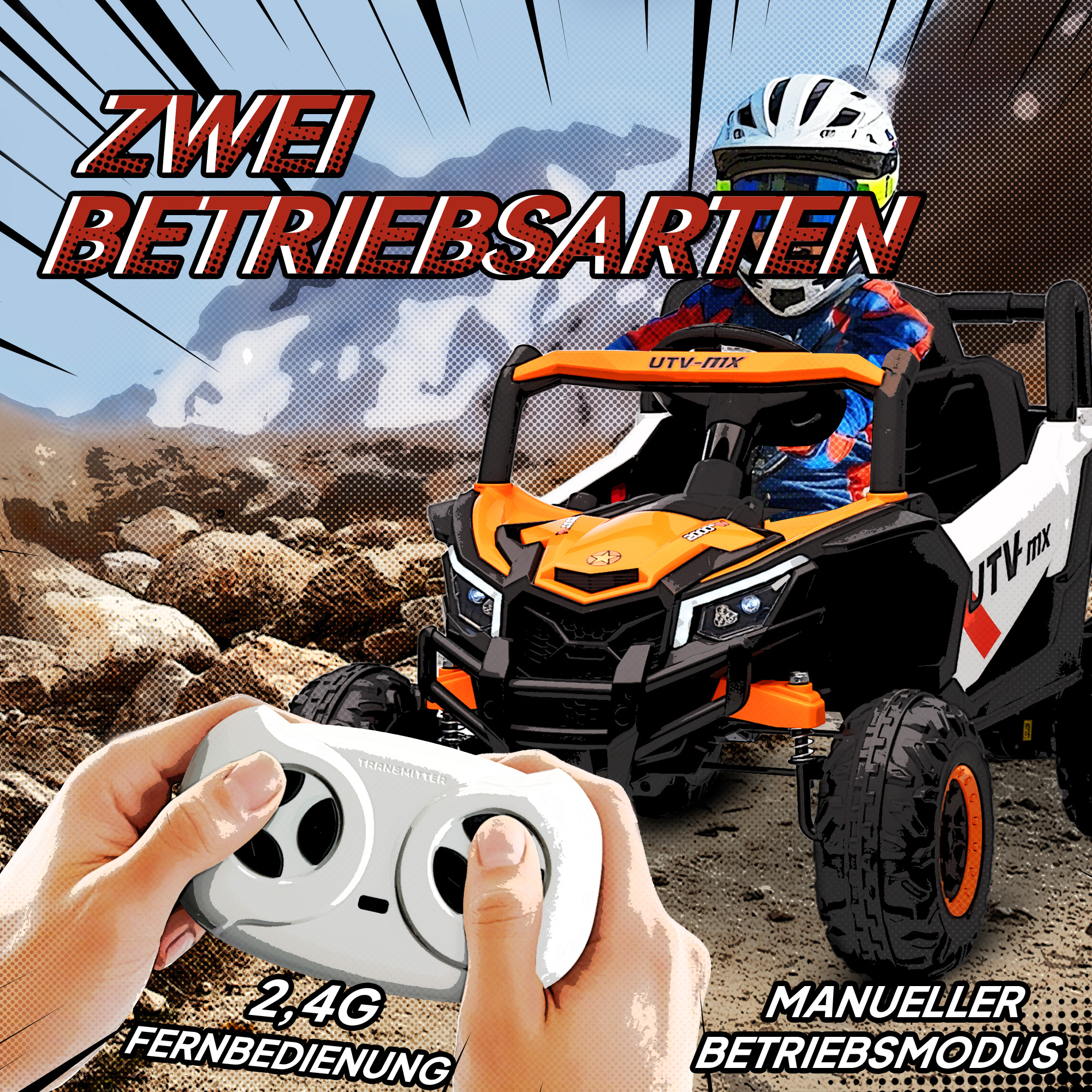 12V Elektroauto für Kinder, Fernbedienungsfunktion, Gurt, Hupe, LED-Lichter, USB-Port, für 3-5 Jahre, Orange