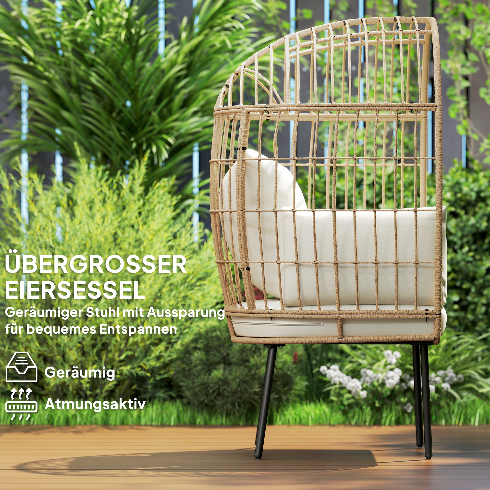 Rattansessel Ei-Förmig mit abnehmbarem Kissen, Polster, Outdoor Sessel aus Rattan 95 x 80 x 155 cm Beige