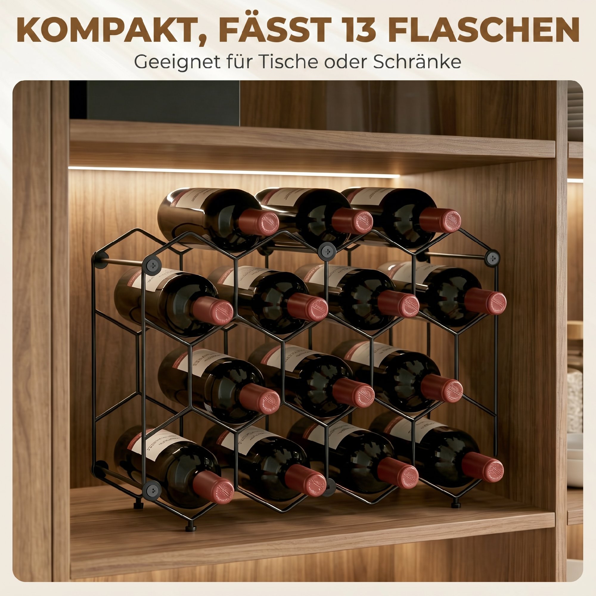 Weinregal für 13 Flaschen Flaschenregal mit Wabendesign Verstellbaren Füßen Kippschutz Metall 43 x 15,5 x 31 cm Schwarz