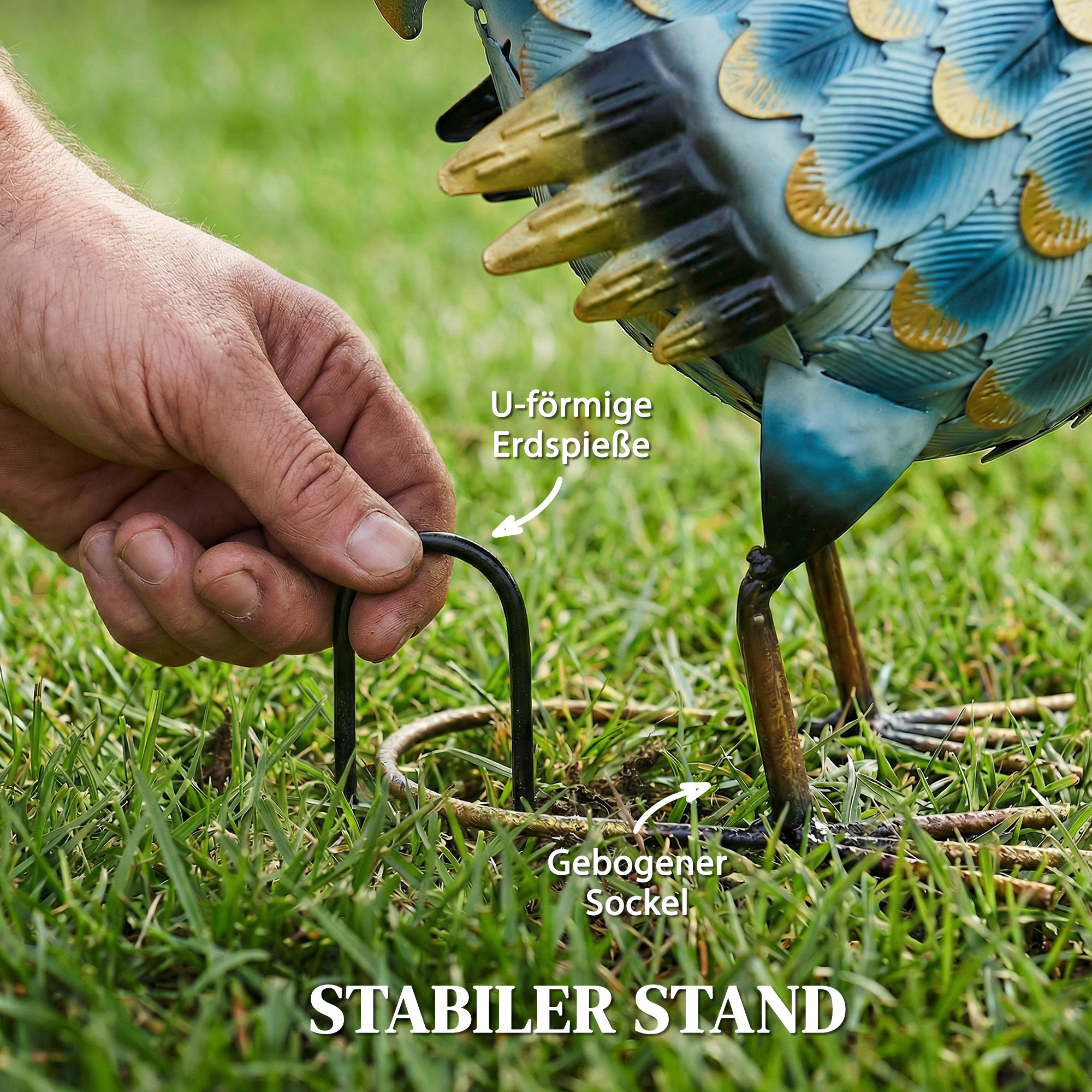 Hahn-Gartenstatue, Metall-Gartenfigur, 41 cm stehende Hahn-Skulptur mit Bodenankern, Mehrfarbig