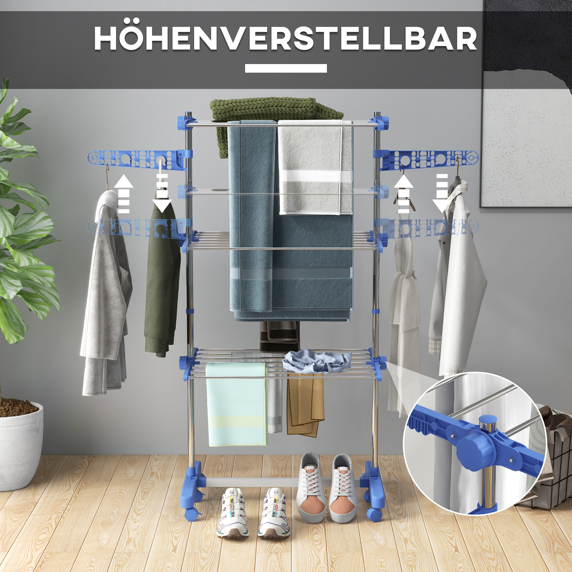Wäschenständer Wäschetrockner, 4 Ebenen, klappbar, One-Klick-System, 142 cm x 55 cm x 152 cm Blau + Silber