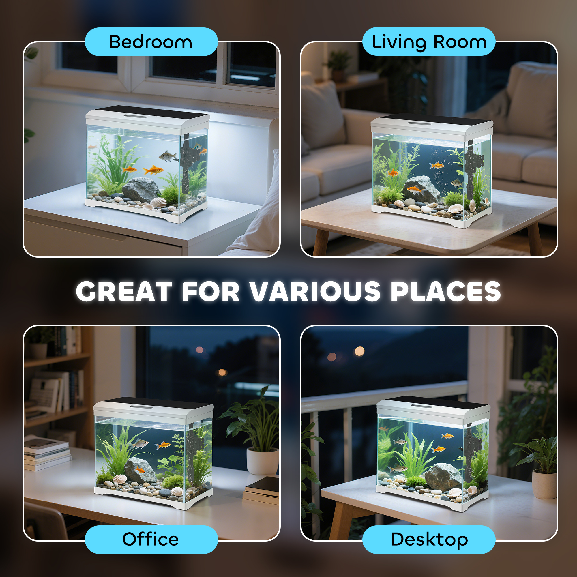 Aquarium, 17 L Tropenfischaquarium, leichte Pflege, klare Sicht, mit LED-Leuchten, 35L x 21B x 31H cm, Weiß+Schwarz