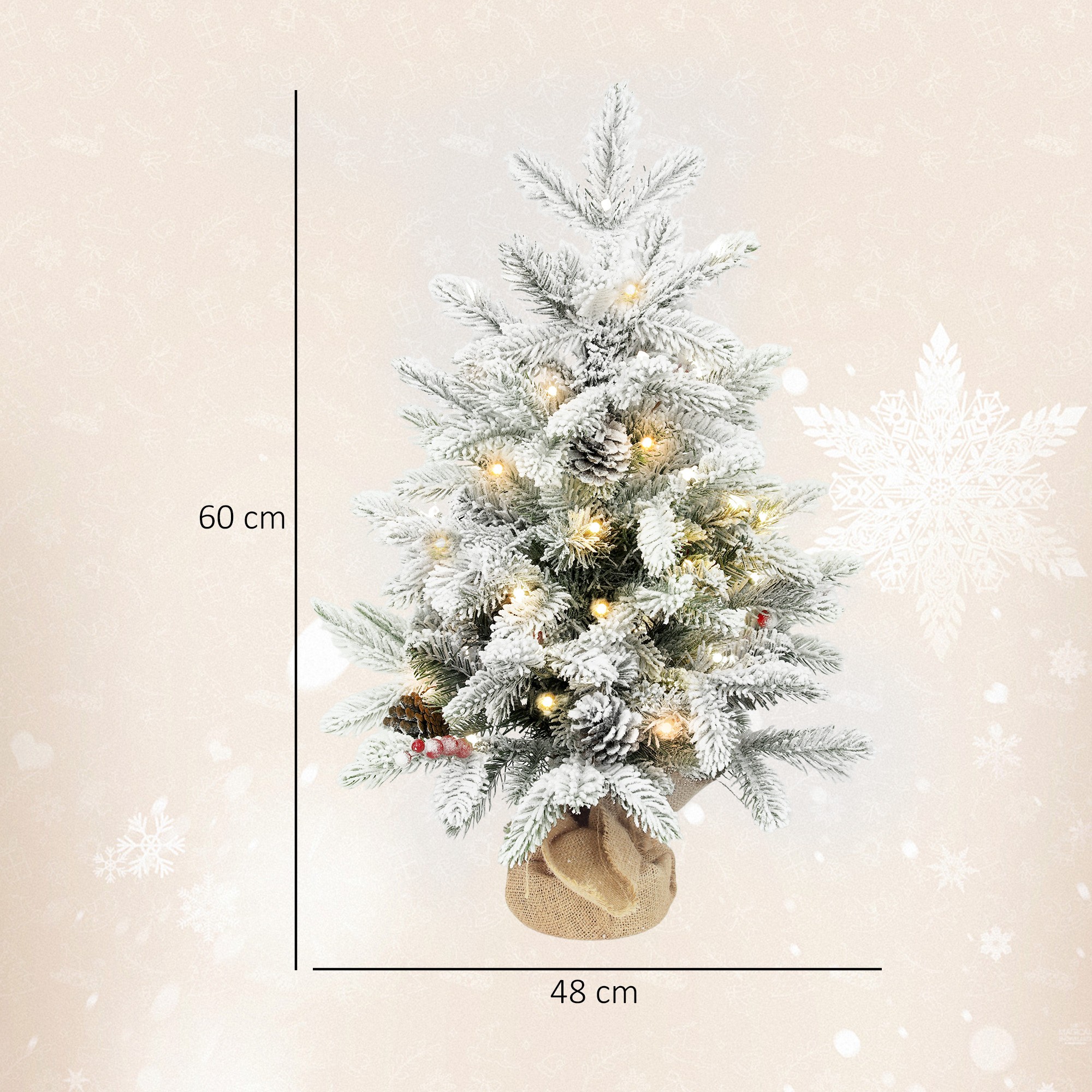 Mini 60cm Weihnachtsbaum mit 35 LED-Lichtern, Schnee-Effekt, Mini-Tischbaum mit Tannenzapfen, Künstlicher Weihnachtsbaum für Weihnachtsdekoration, Weiß