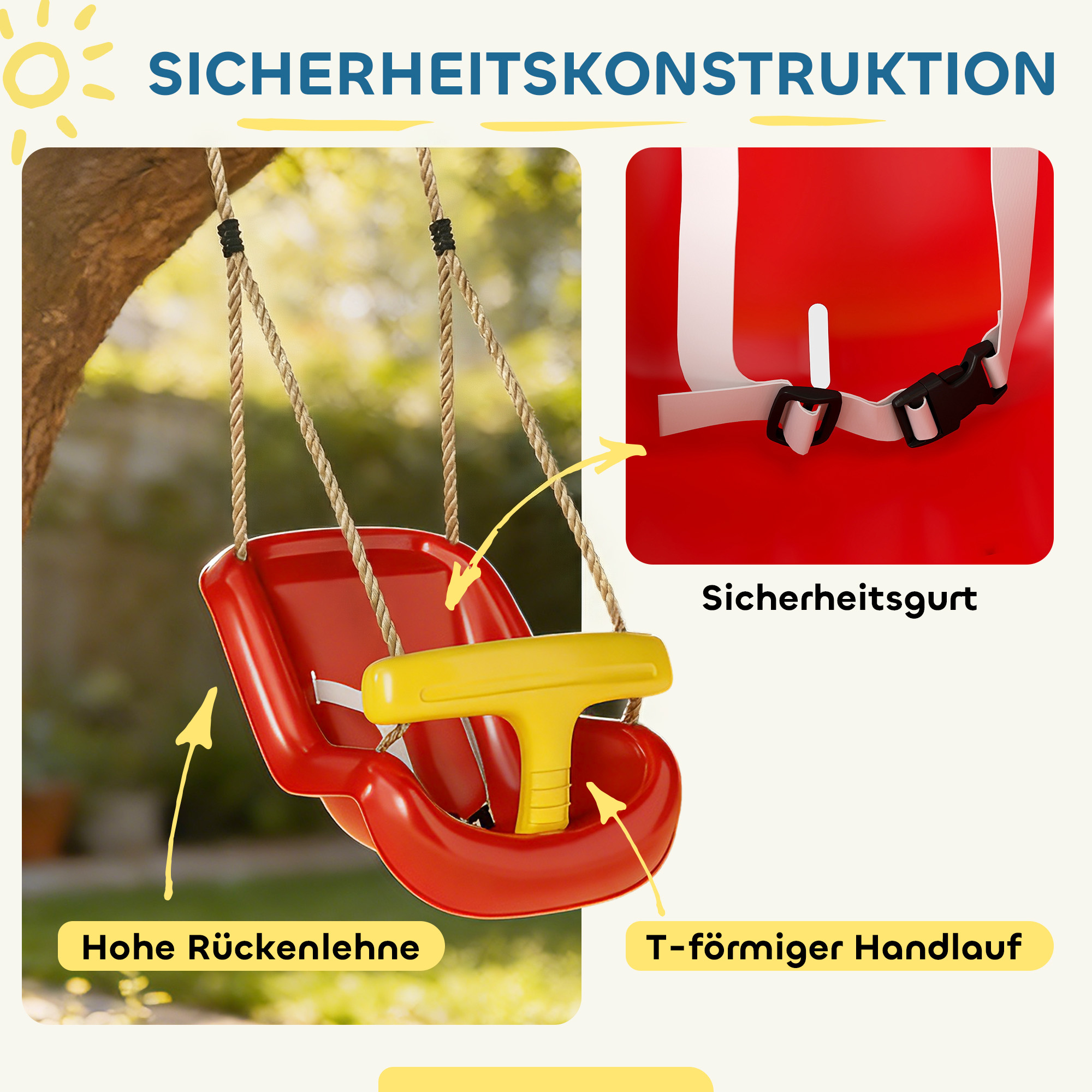 Babyschaukel verstellbar Mitwachsend Babysitz mit Rückenlehne, Sicherheitsgeländer, für Kinder von 9-36 Monaten, Rot