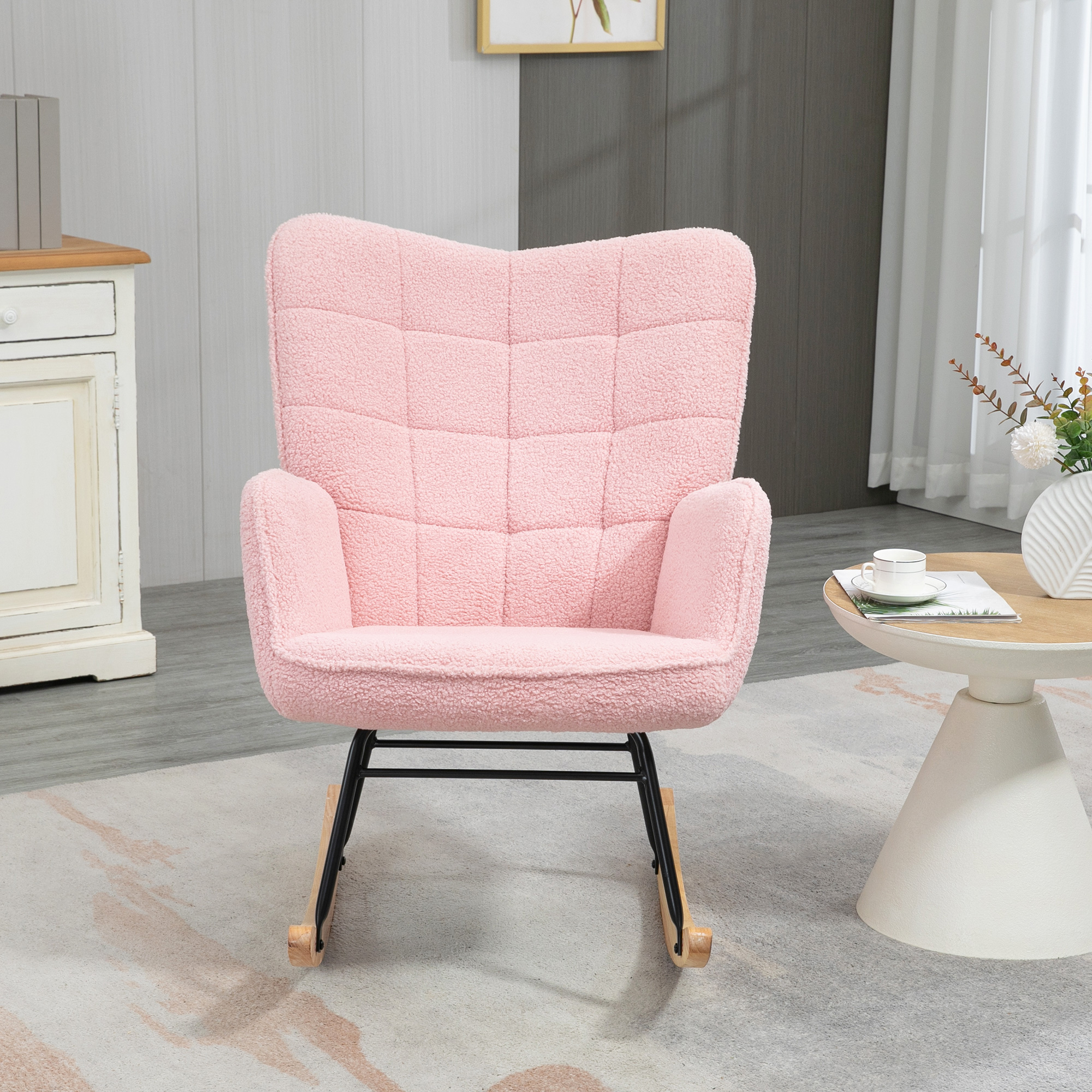Schaukelstuhl im Retro-Design, Massivholz, Sessel, Relaxsessel, 98 cm x  71 cm x 101 cm, Rosa