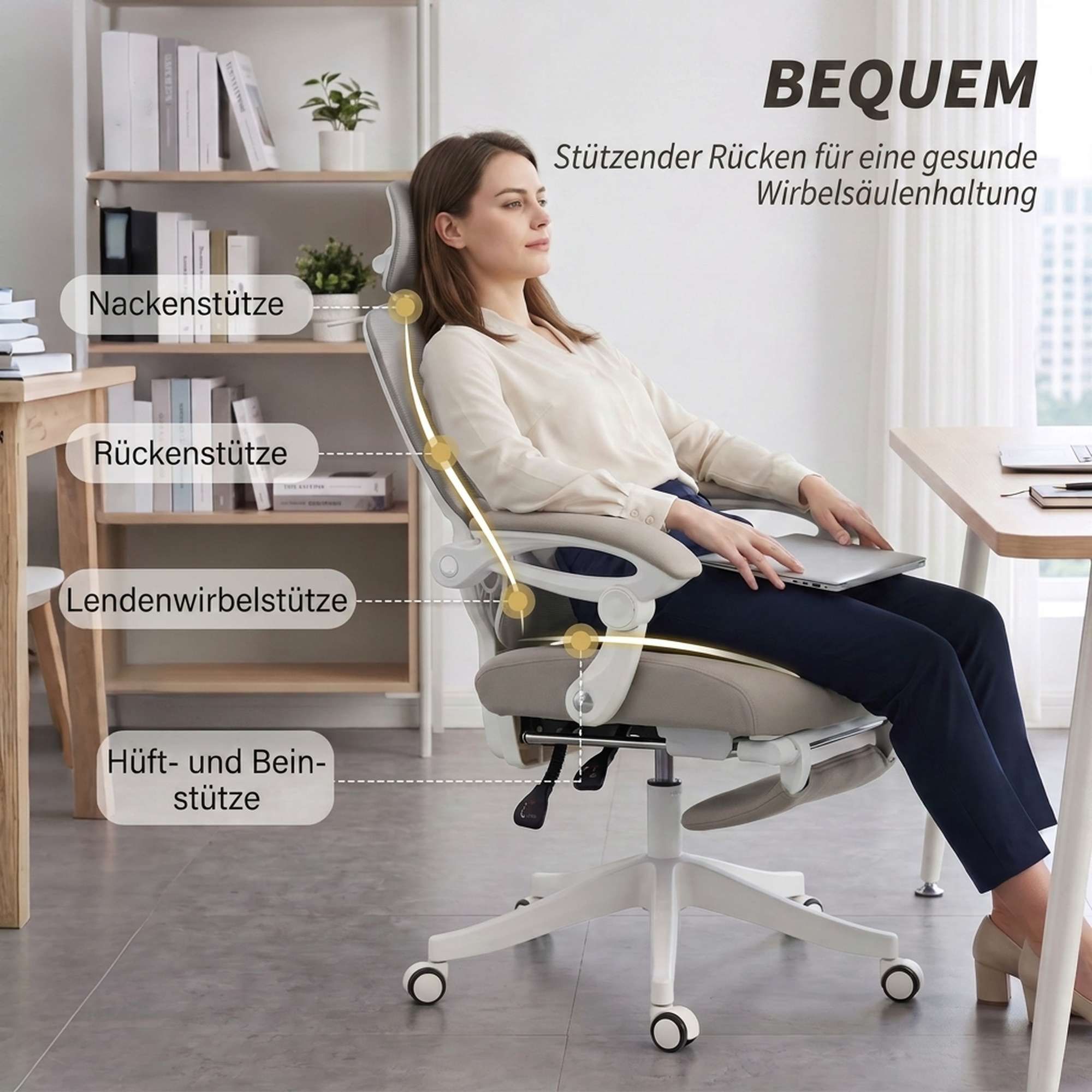 Bürostuhl, Ergonomischer Schreibtischstuhl mit Fußstütze, Wippfunktion, Armlehne, Netzstoff, Grau