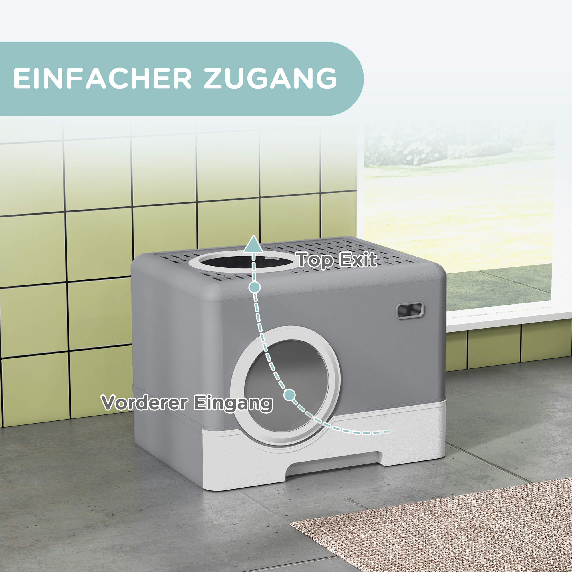 Katzentoilette Katzenklo, 2 Ausgänge, herausnehmbare Bodenwanne, 52 x 41 x 38, 5 cm, Grau