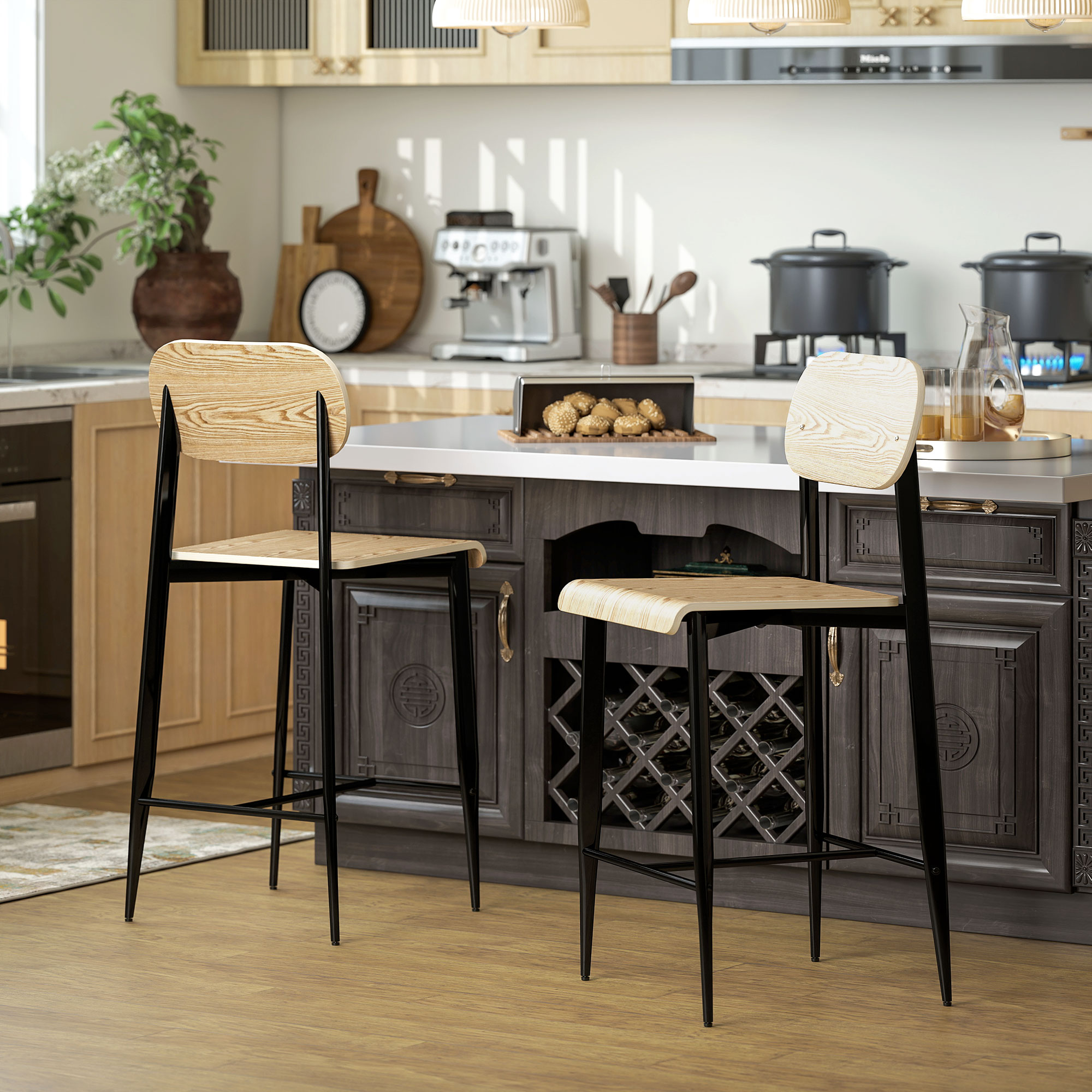 2er-Set Barhocker, Barstühle mit Rückenlehne und Metallgestell, Holz, Hellbraun