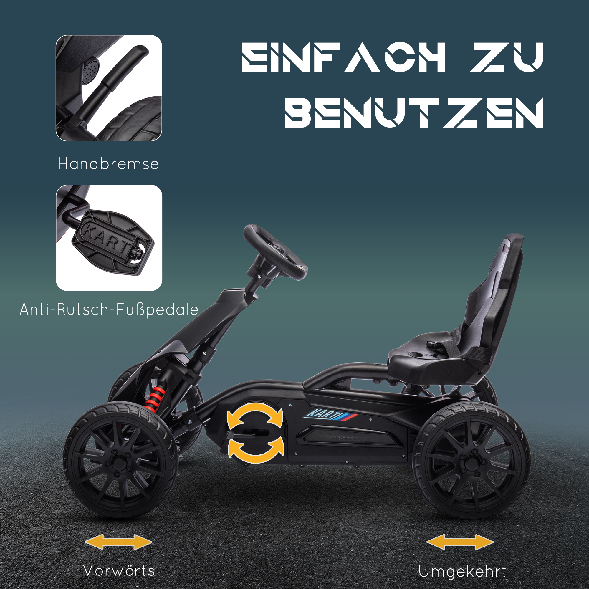 Go-Kart, Kinderfahrzeug mit verstellbarem Sitz, Tretfahrzeug, Tretauto mit Handbremse, 3-8 Jahre, Outdoor, Schwarz