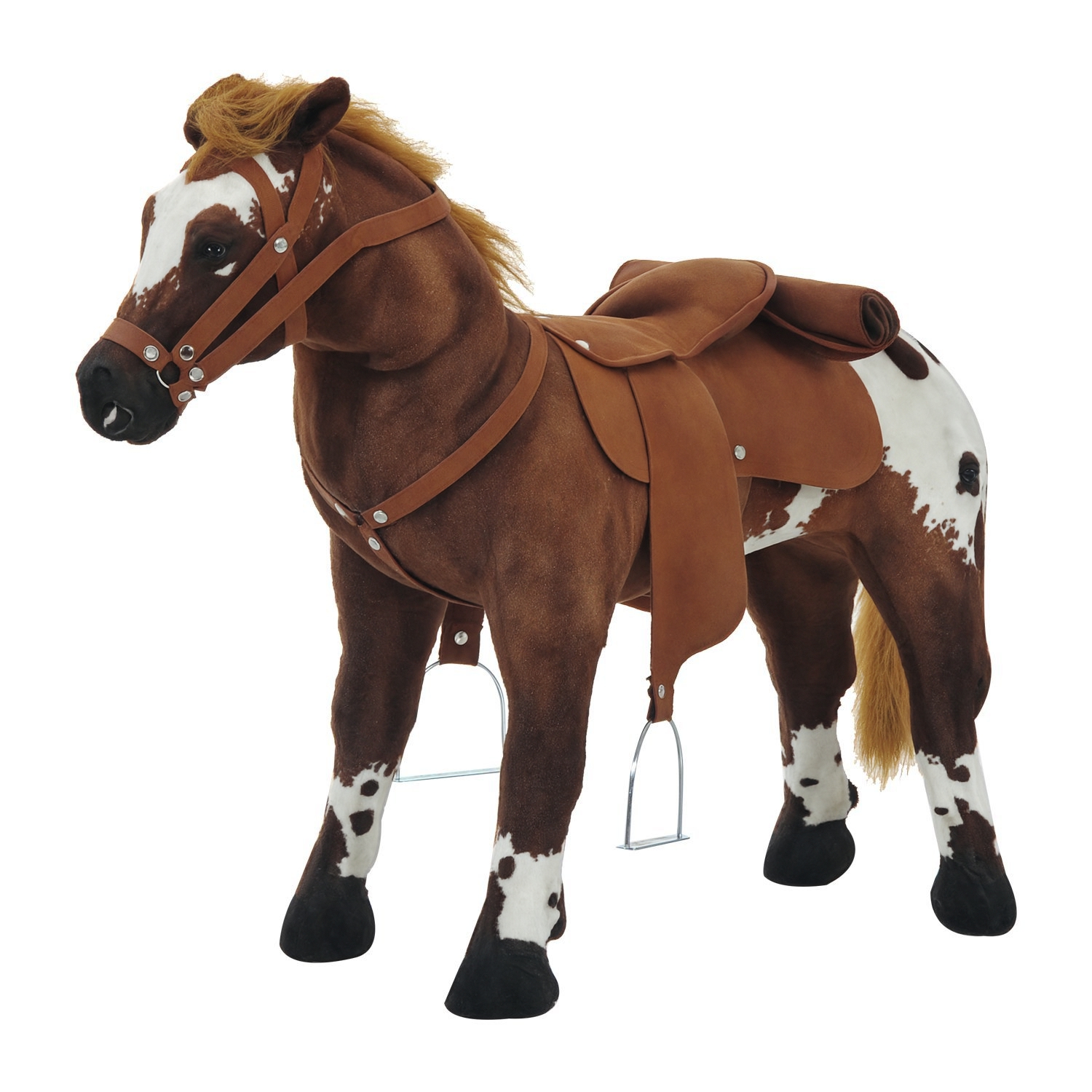 Reitpferd Spielpferd zum Reiten Stehpferd mit Sattel, Sound, Steigbügel Plüschpferd für Kinder ab 2 Jahren Braun