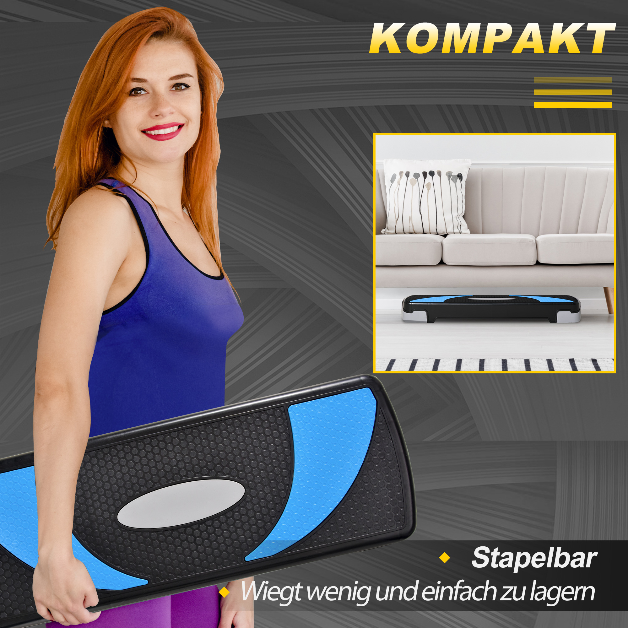 Aerobic-Stepper 3-stufig höhenverstellbar 80 x 31 x 20 cm Schwarz+Hellblau+Grau