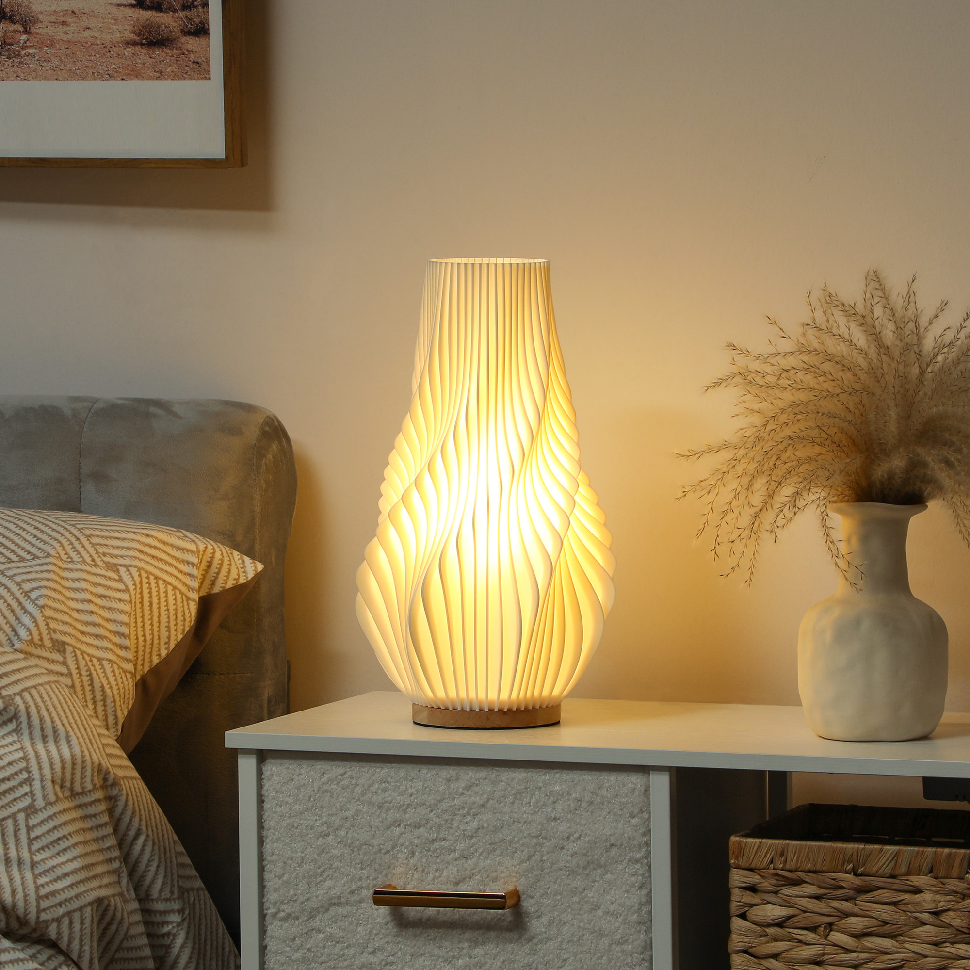 Smart Tischlampe mit App-Steuerung, Alexa-kompatibel, Kunststoff, Holz, Weiß