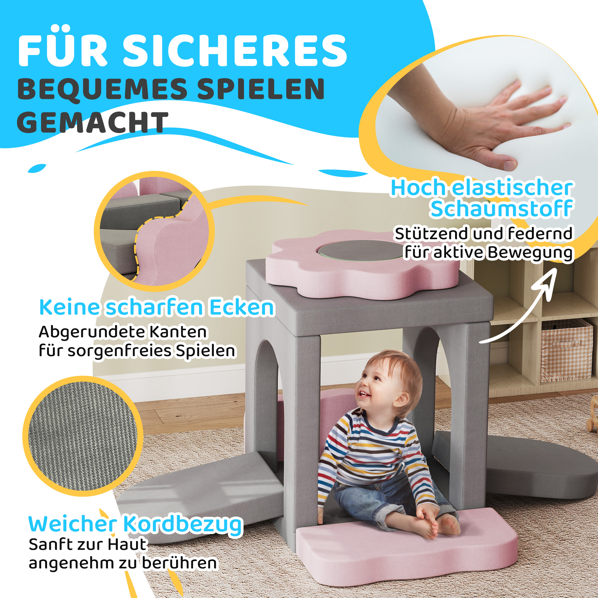 12-teiliges Set Schaumstoffblöcke zum Klettern, Bauen, Krabbeln, Indoor-Spielmatten mit Cordbezug, Grau+Rosa