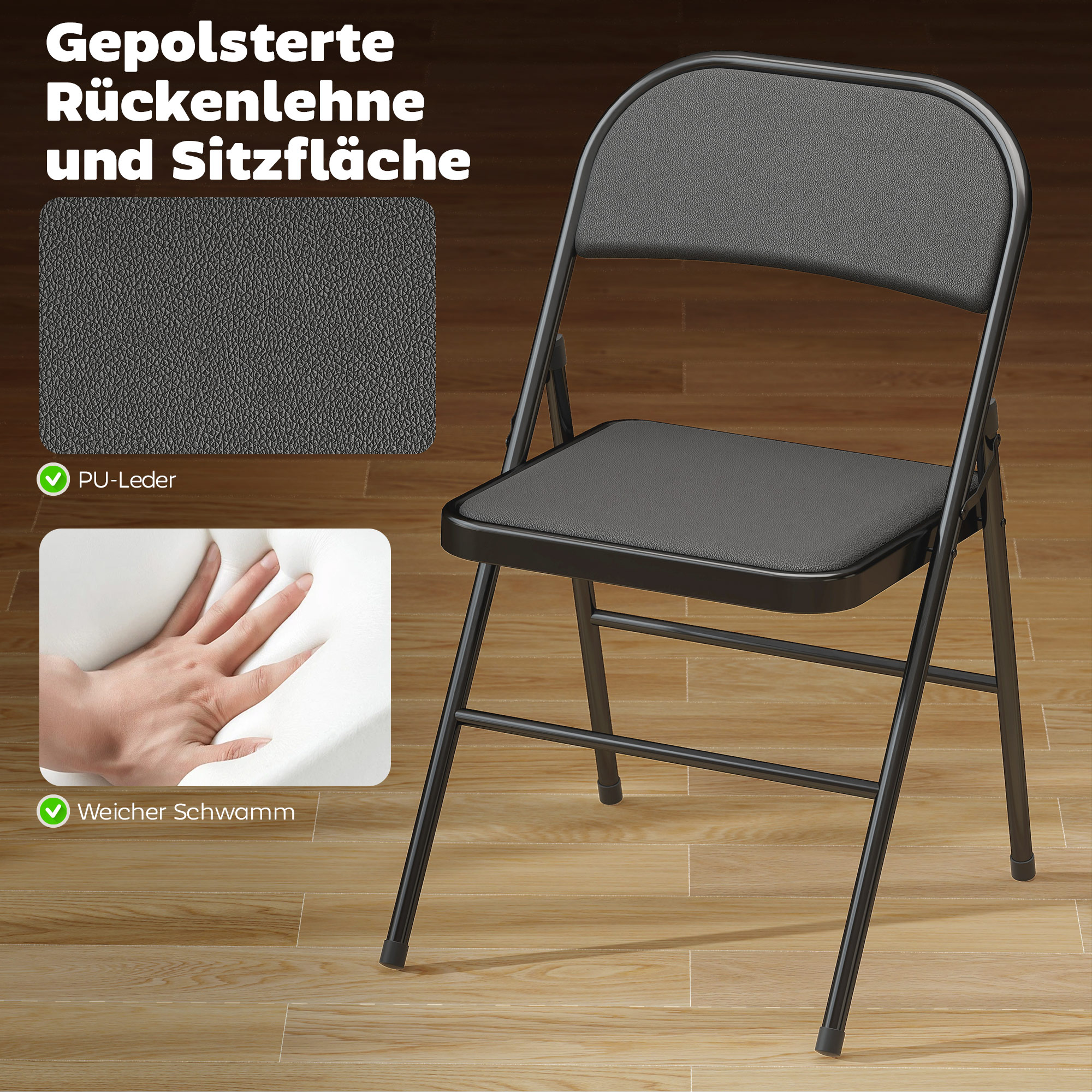 2er-Set Klappstühle, tragbare Bürostühle, Stahlbeine, Faltstuhl für Büro, Empfang, Wartezimmer, Kunstleder, Schwarz