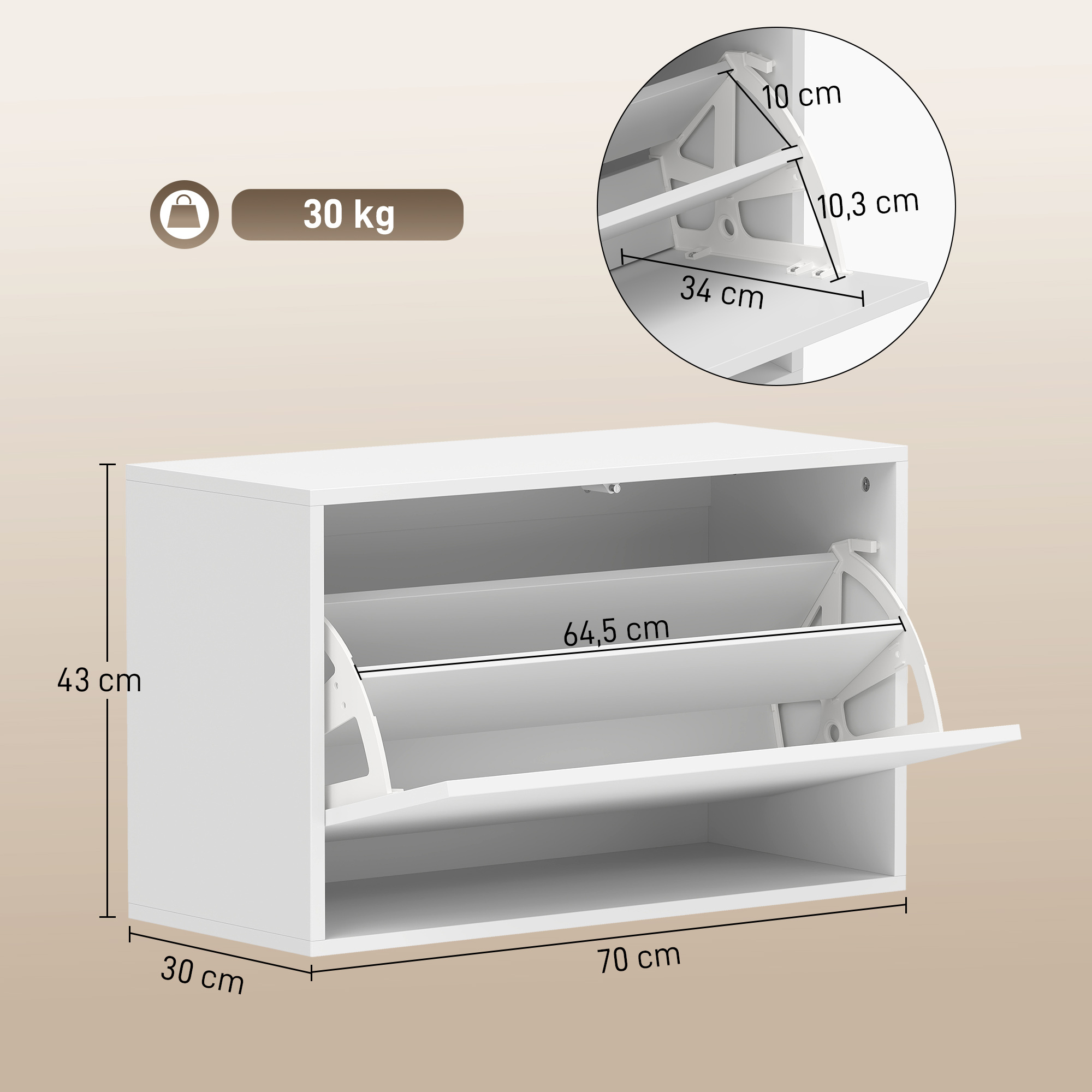 Schuhschrank mit 2 Klappen, Hängend Schuhkipper mit Ablage, Schmal Schuhregal für 6 Paar Schuhe 70 x 30 x 43 cm, Weiß