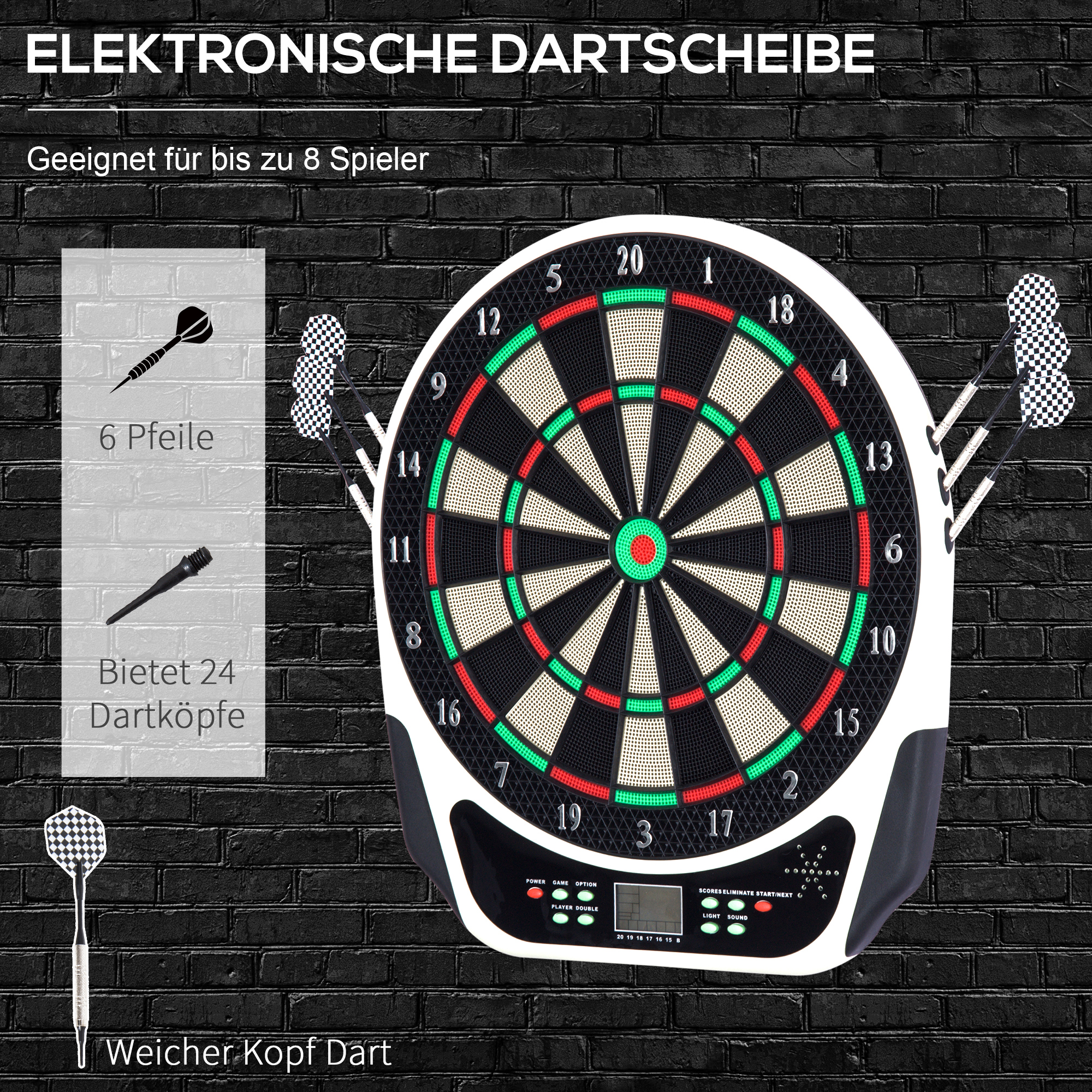 elektronische Dartscheibe, Dartboard mit Sprachansagen LED-Anzeigen 6 Darts 24 Dartköpfe 18 Spiele 159 Varianten Dartautomat Dartscheibe Set für bis zu 8 Spieler