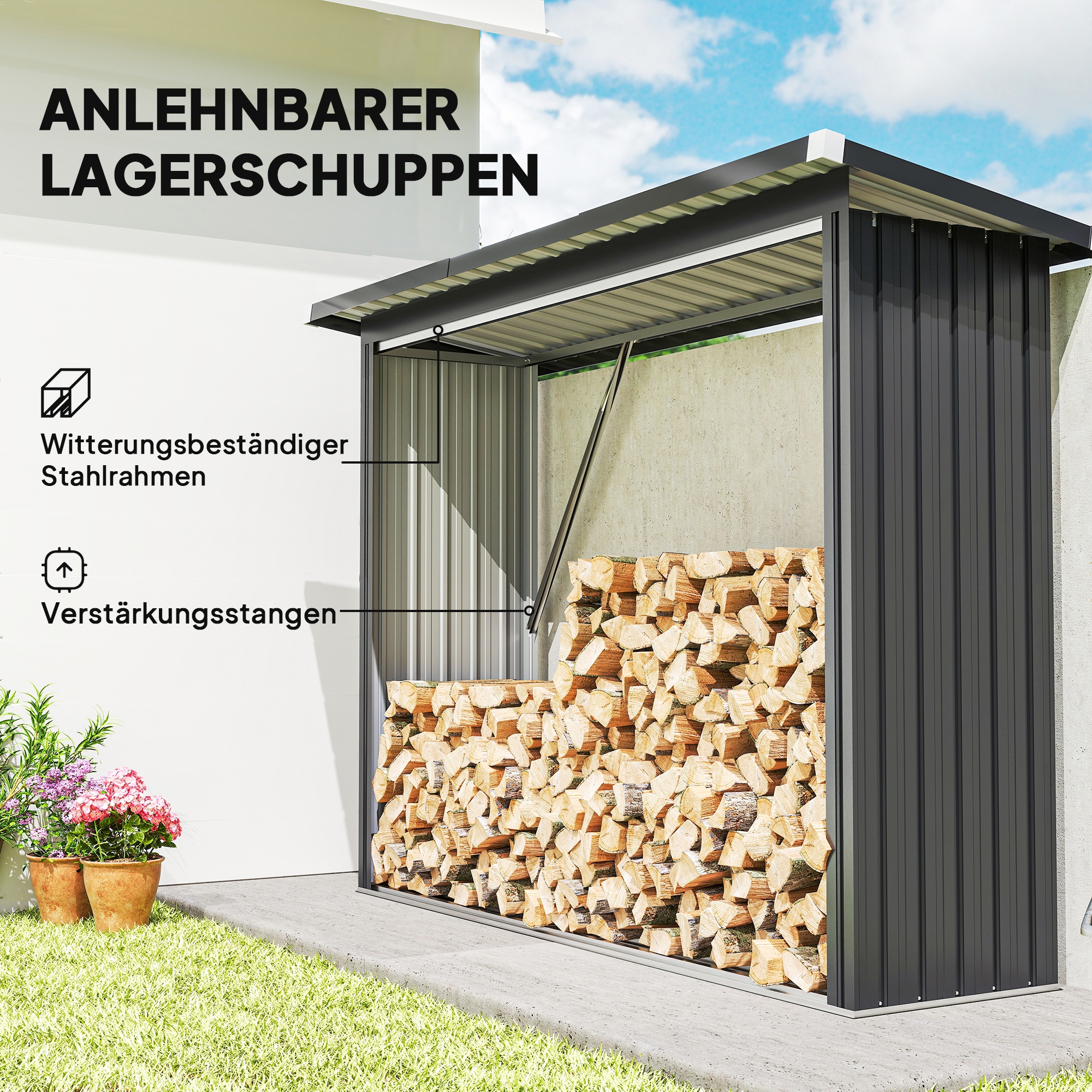 Brennholzschuppen, Feuerholzunterstand, Stahl, erhöhter Boden, Schrägdach, 213 x 66,5 x 150 cm, Dunkelgrau