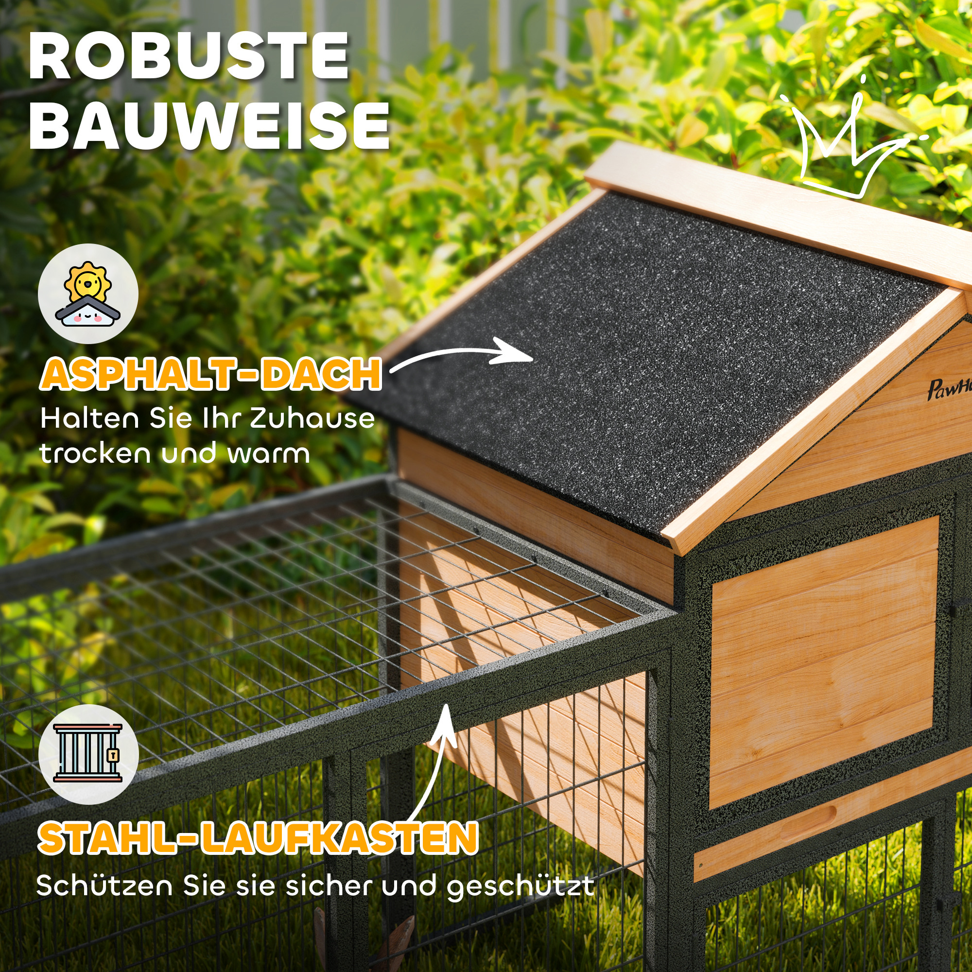 Hasenstall 2 Ebenen Kaninchenstall aus Vollholz Winterfest Doppelstockhaus mit Freilaufgehege 217x53x86 cm Gelb