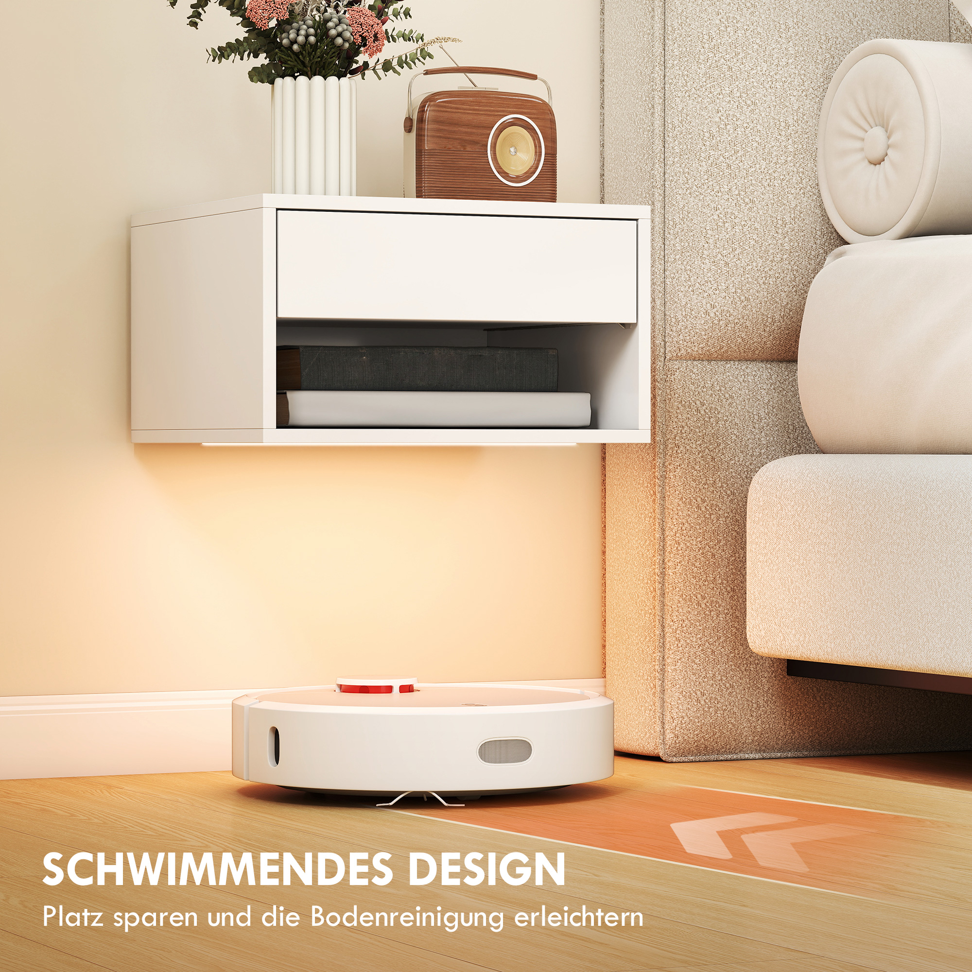 Nachttisch 2er-Set mit RGB-LED-Beleuchtung, schwebender Nachtschrank mit Schublade und offenem Fach, Weiß