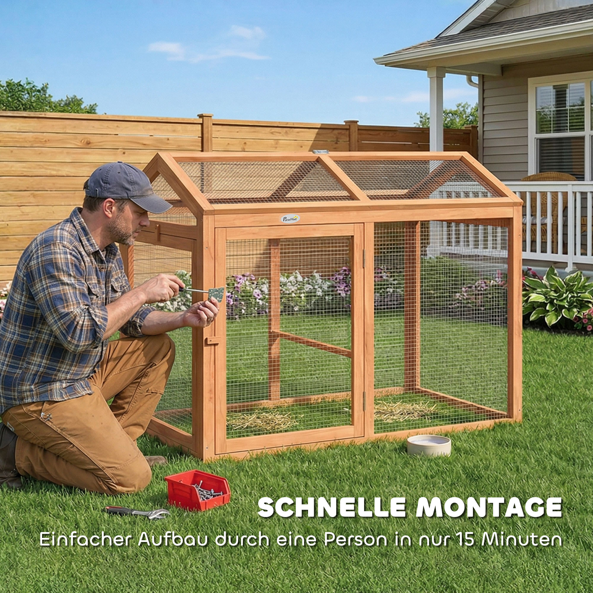 Hühnerstall Freilaufgehege mit Sitzstange Doppeltüren, aus Holz und Metall, für 2 Hühner, 104 x 70,5 x 84 cm Orange