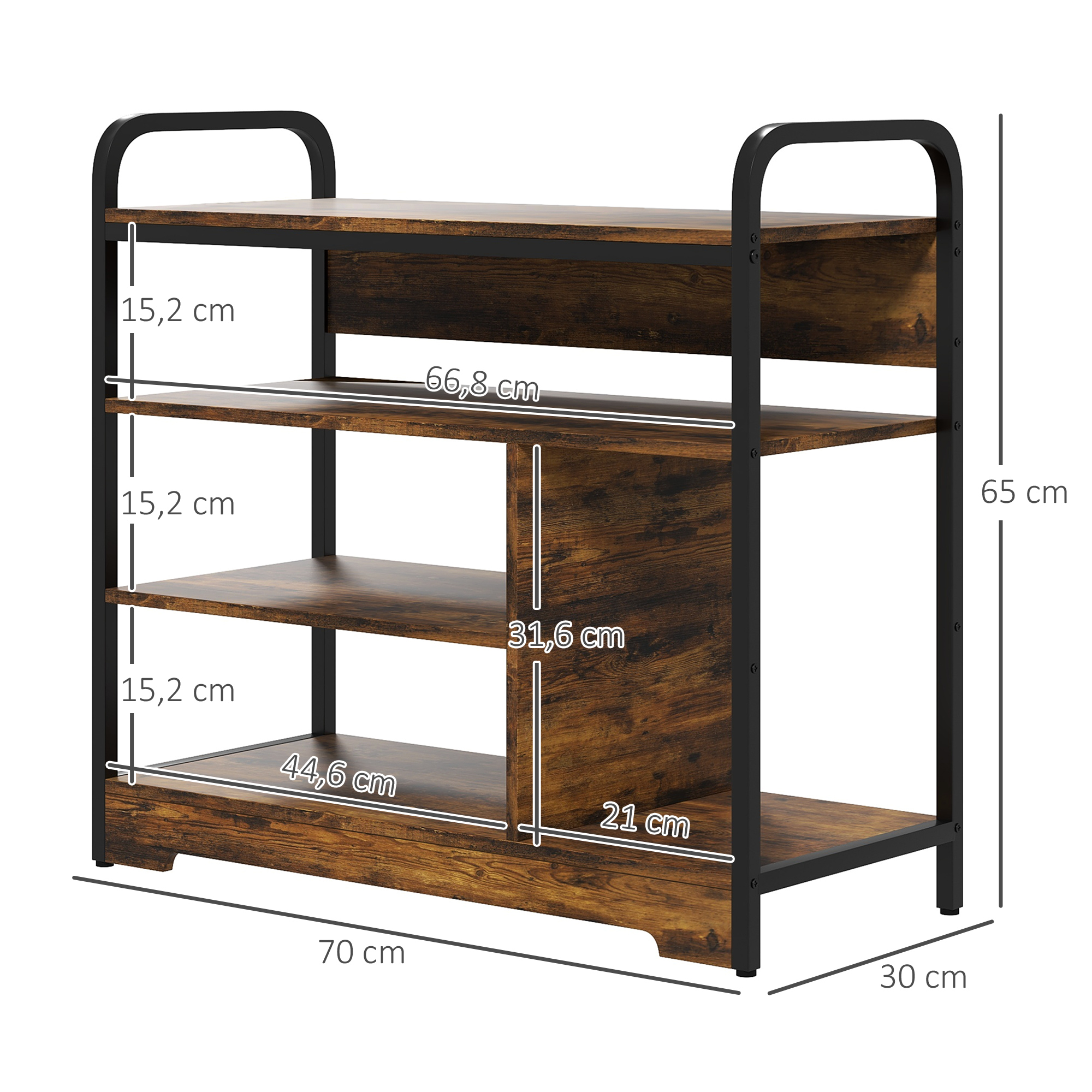 Schuhregal 4-stufig, offenes Design, Metallrahmen, verstellbare Füße, 70x30x65 cm, Braun/Schwarz