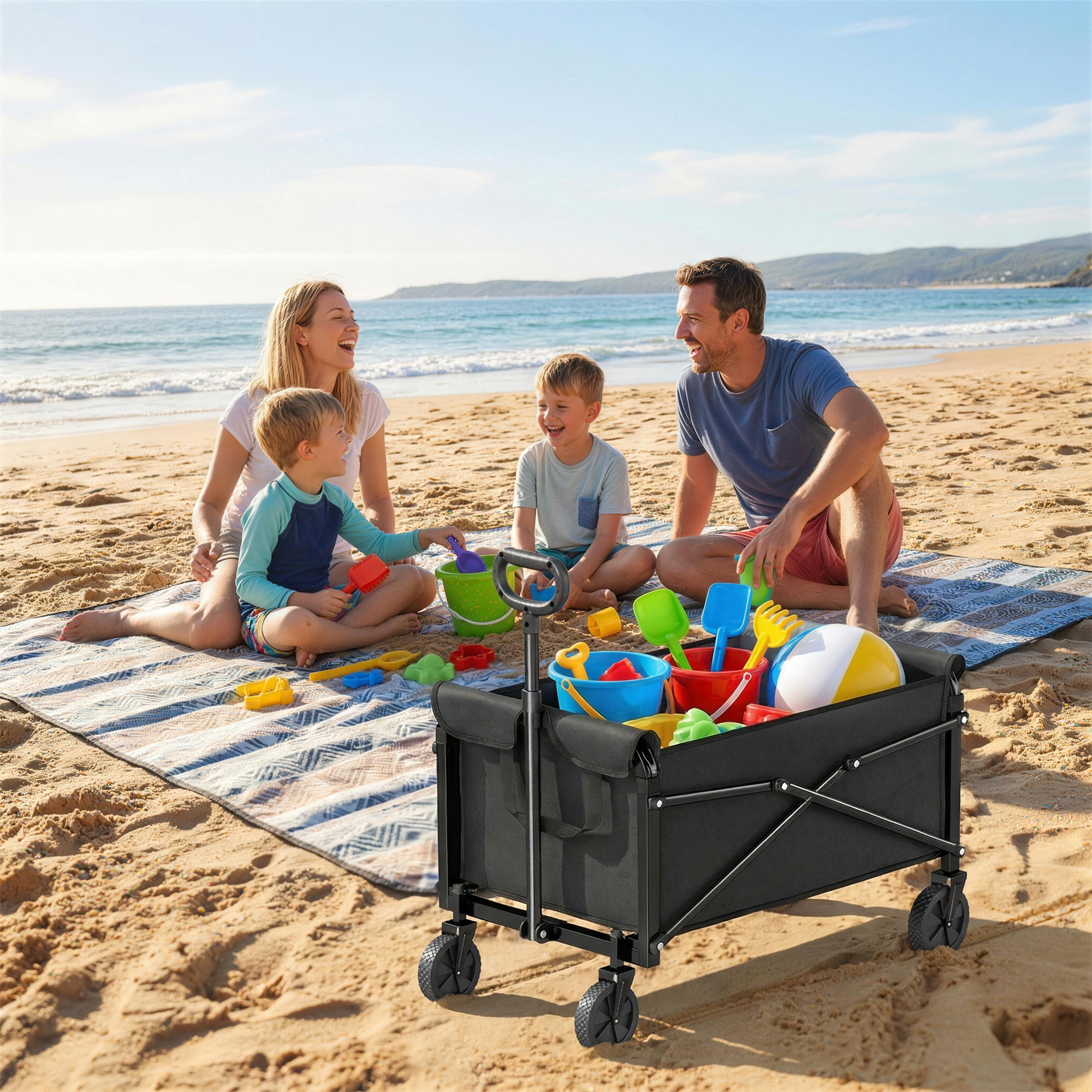 80L Festivalwagen auf Rädern, kompakter faltbarer Gartenwagen mit verstellbarem Griff, Schwarz