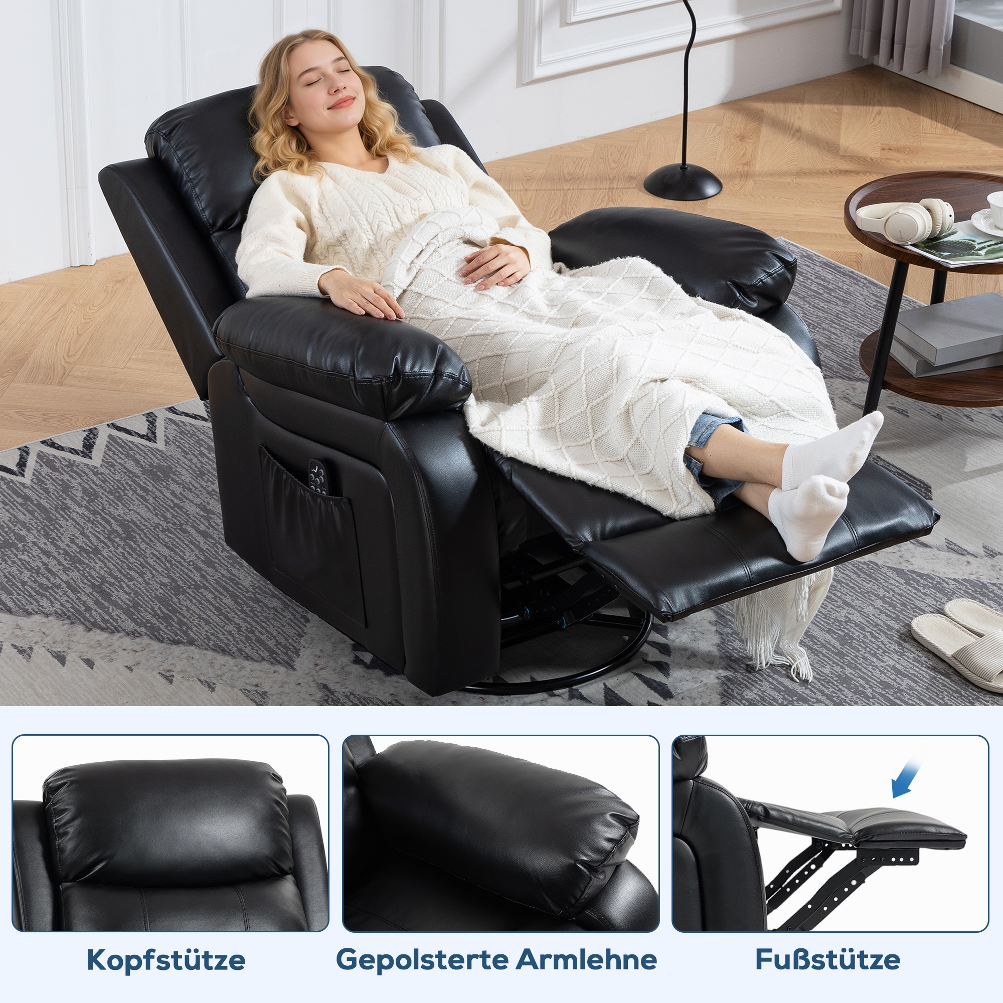Massagesessel mit 8 Vibrationsköpfen, Relaxsessel, verstellbare Rückenlehne + Fußstütze, Schwarz