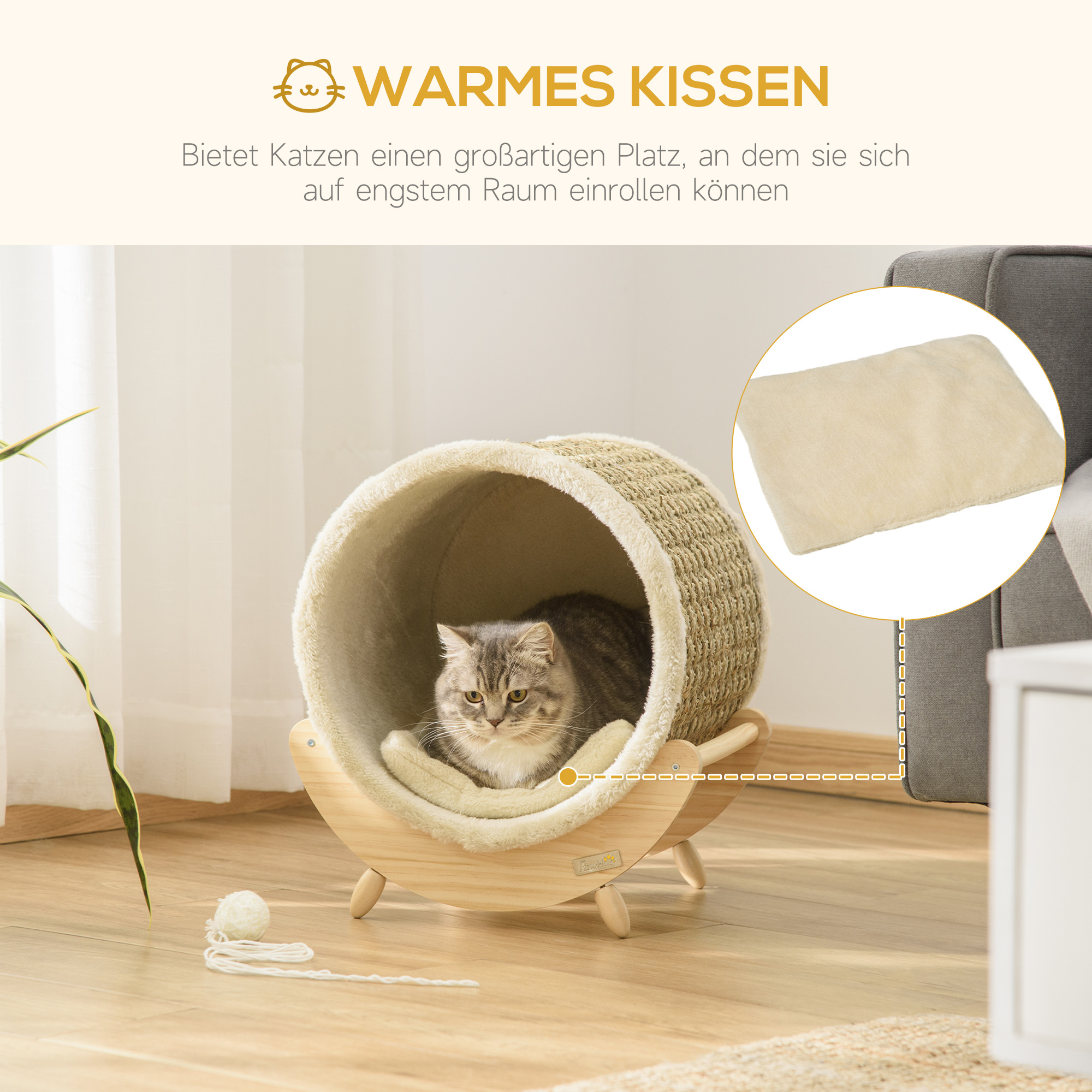 Katzenhöhle mit Kratzfläche inkl. Kissen, Kratztonne, 41 cm x 38 cm x 43 cm, Natur + Beige