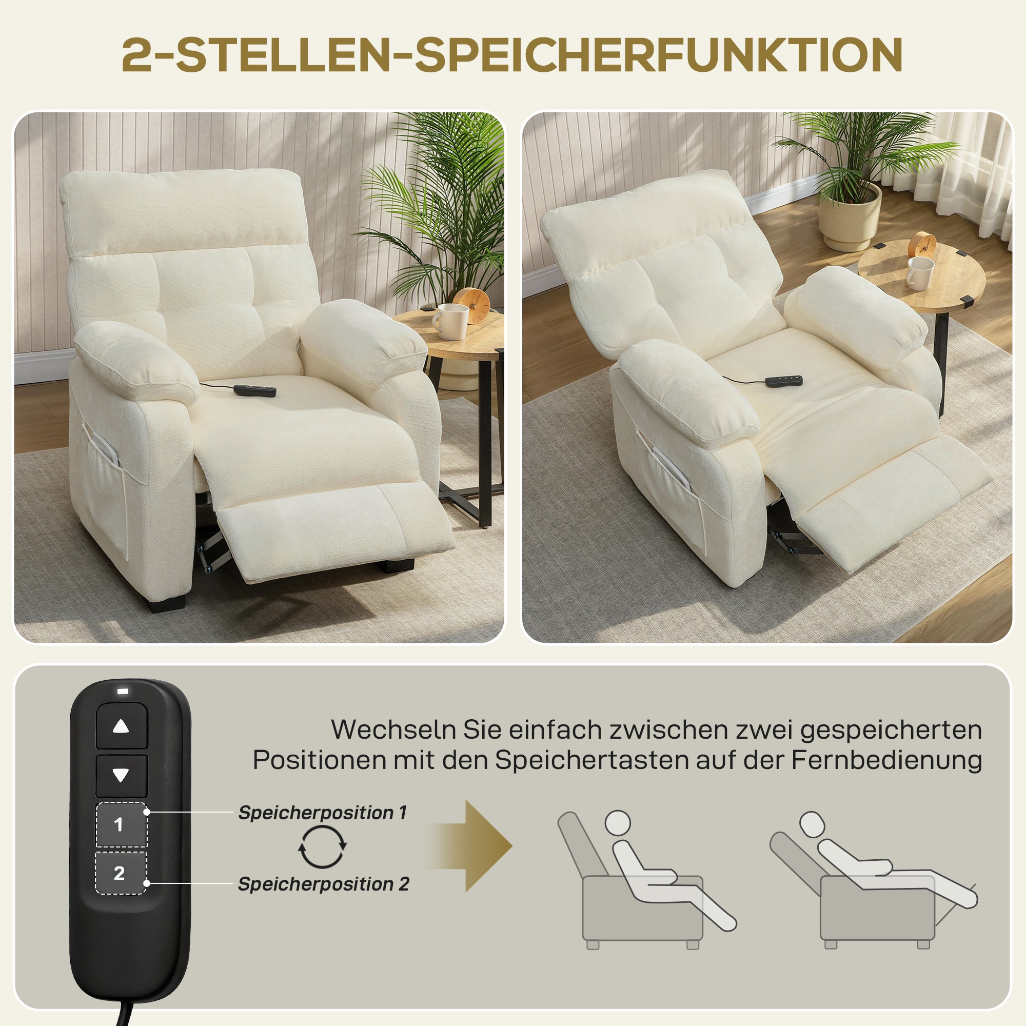 elektrischer Relaxsessel Fernsehsesel mit Fußstütze, Seitentaschen, bürstenlosem Motor, USB-Anschluss, Fernbedienung