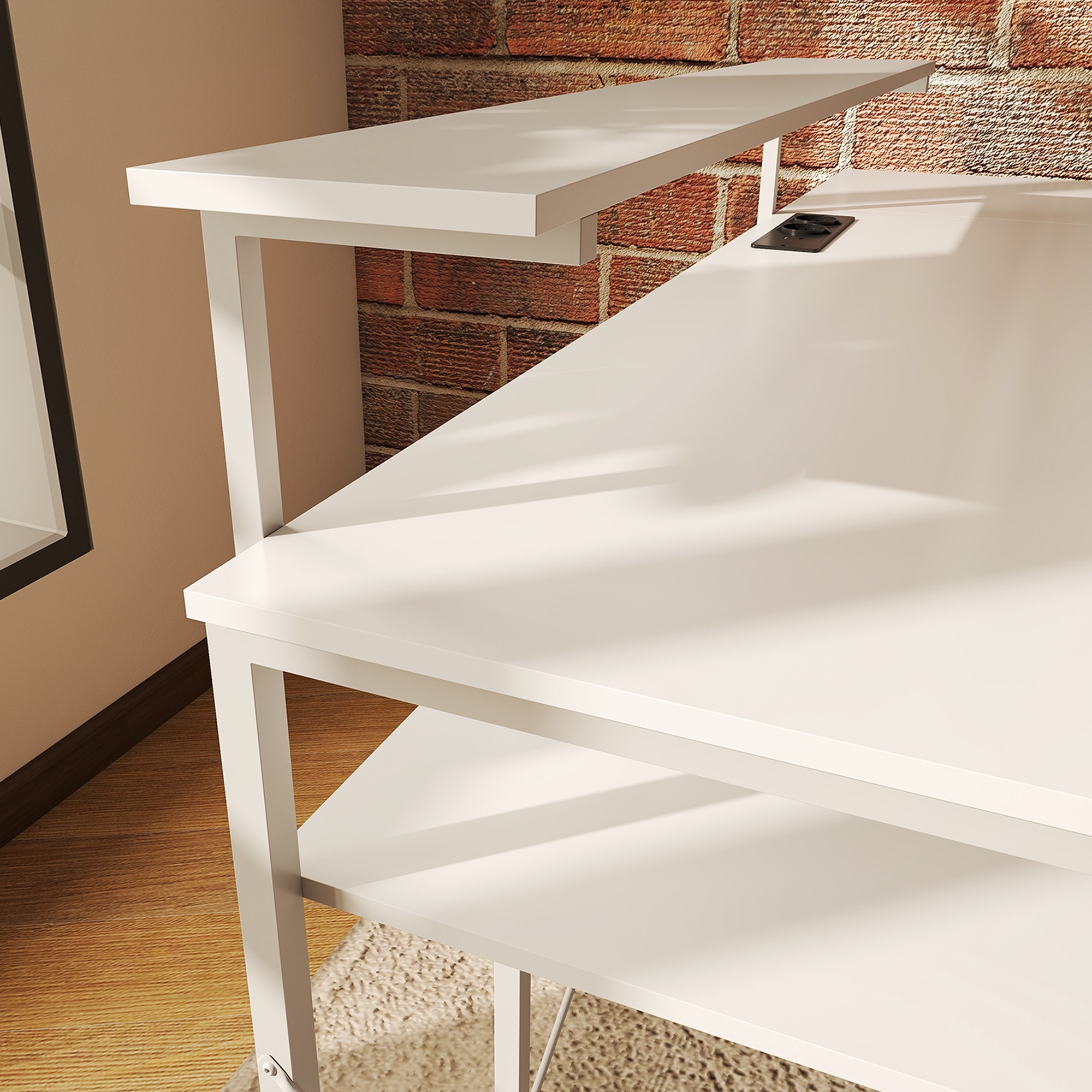 L-förmiger Schreibtisch mit Ladestation, Eck-Computertisch mit Monitorständer und Regalen, für Homeoffice, Büro, Weiß