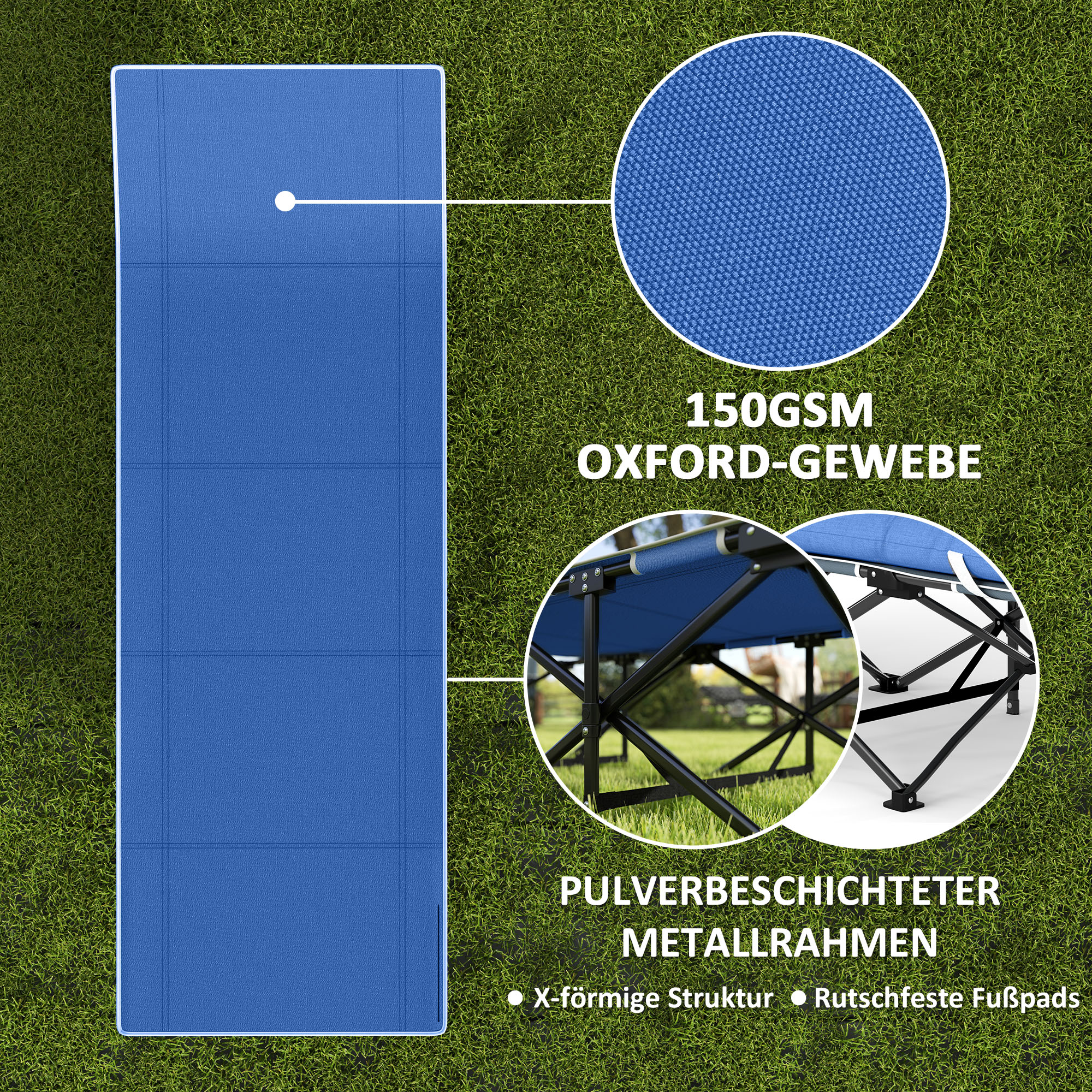 Feldbett faltbar Campingbett mit Matratze Kopfkissen Seitentasche 185 x 68 x 37 cm bis 150 kg Dunkelblau