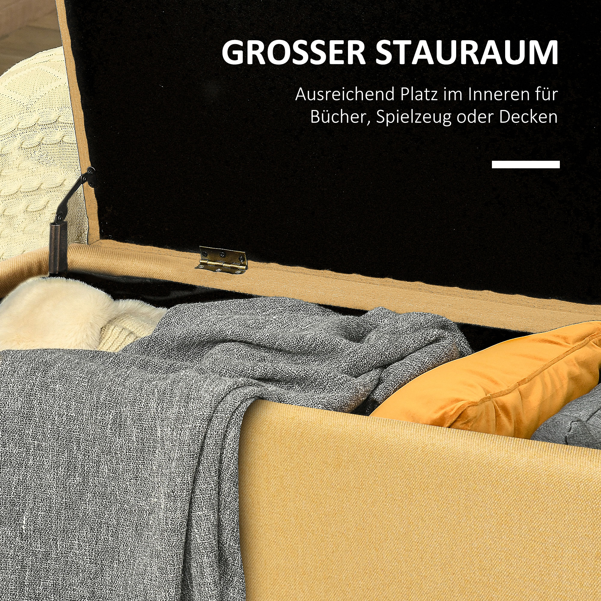 Sitzbank, Sitztruhe, Polsterbank, Leinenoptik, bis 150kg, 101x38,5x44,5 cm, Gelb