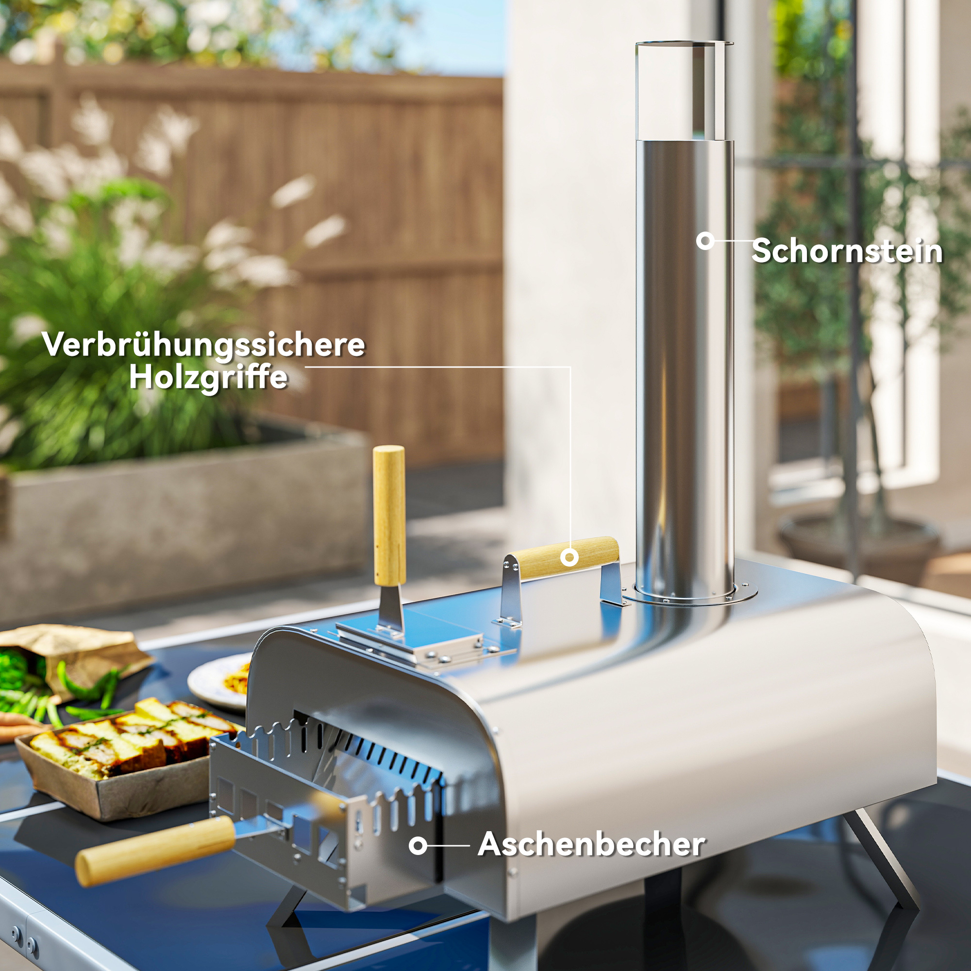 Outdoor-Pizzaofen, Tragbarer Pizza-Ofen mit Pizzastein und Schaufel, klappbare Beine, Schornstein, Edelstahl