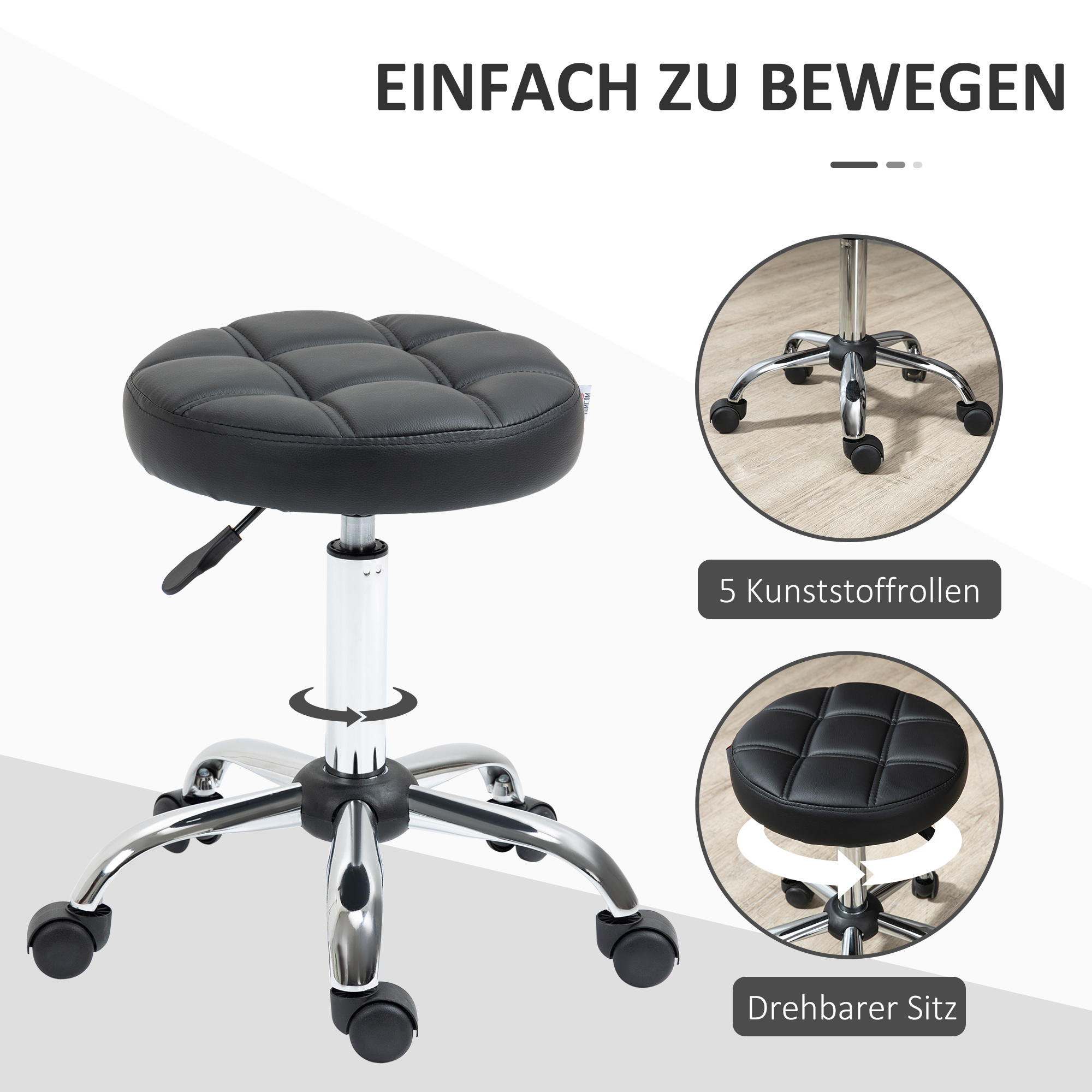 Drehhocker, Salonhocker, höhenverstellbar, Kunstleder, Steppdesign, Schwarz/Silber
