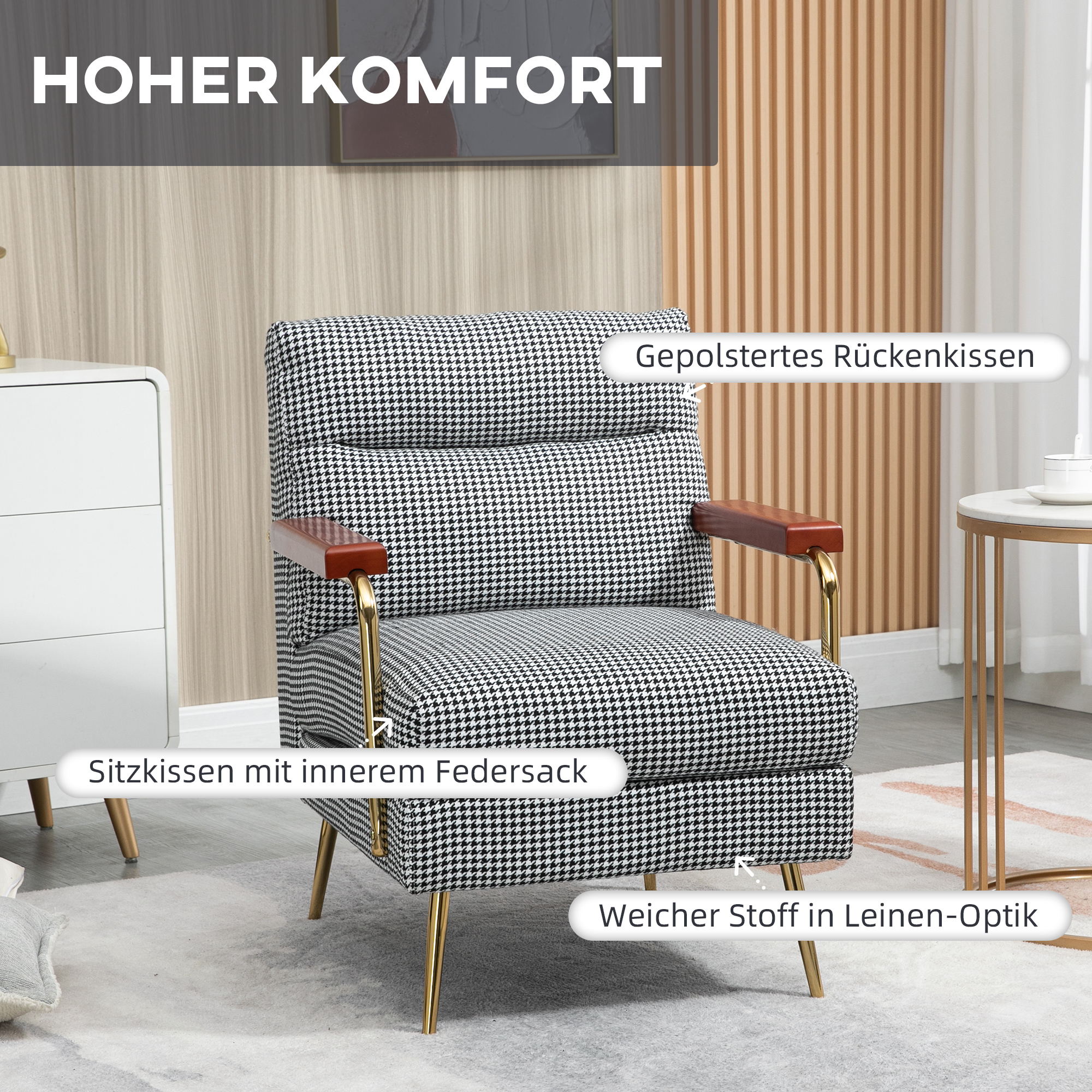 Sessel im Retrodesign, Akzentsessel, Hahnentrittmuster, Holzemelente, Federkern, Schwarz + Weiß