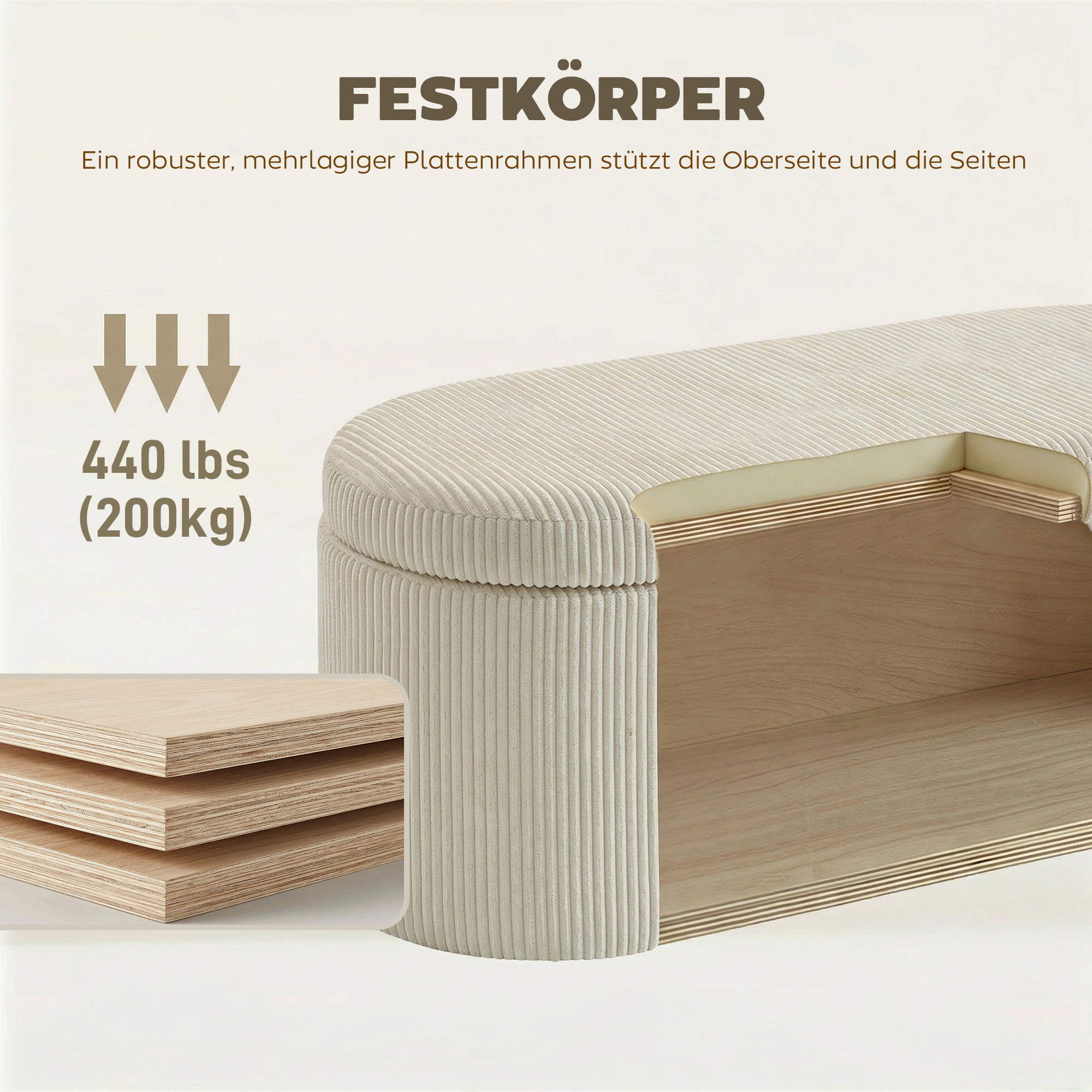 Aufbewahrungs-Ottomane, Cord-Polsterung mit gepolsterter Sitzfläche, Sitzbank am Bettende, 105 x 51 x 49 cm, Beige