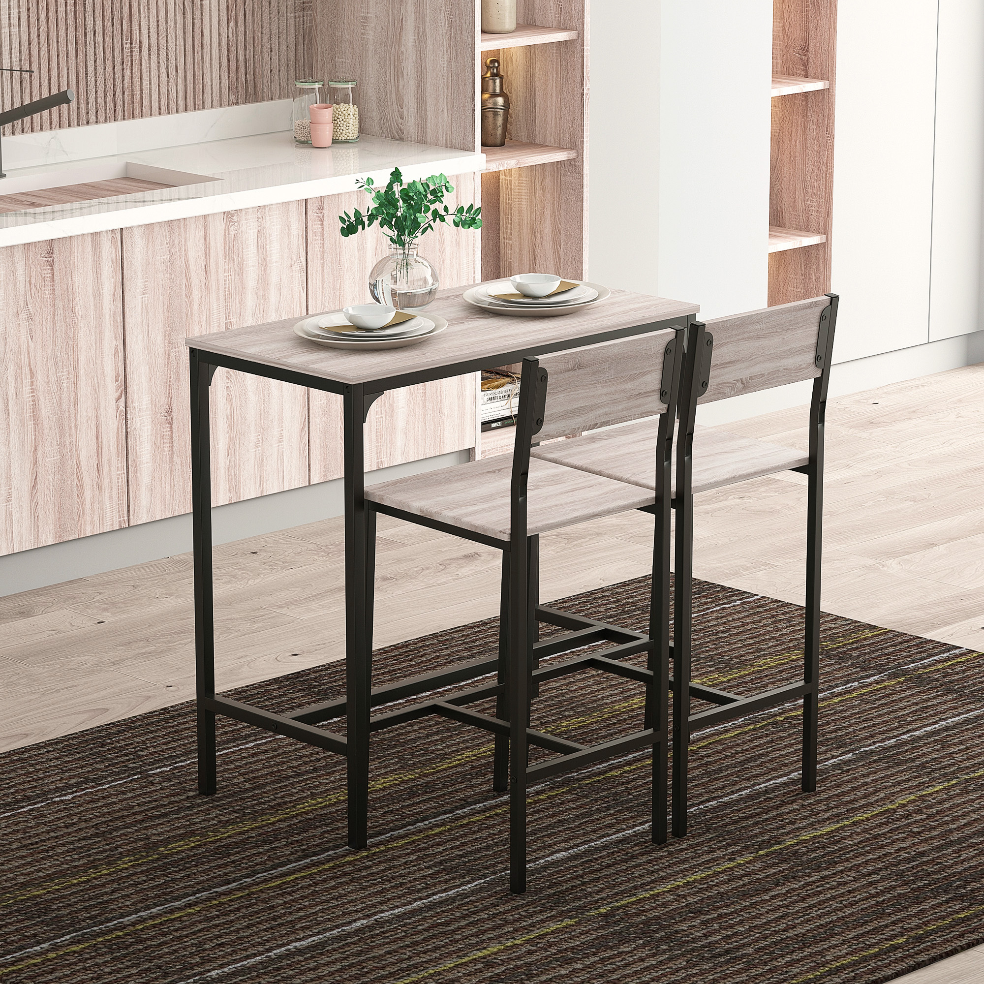 Bartisch Set Bartisch mit Barhocker-Set Esstisch mit 2 Stühlen mit Rückenlehne Küchentisch für Esszimmer, Küche, Natur+Schwarz