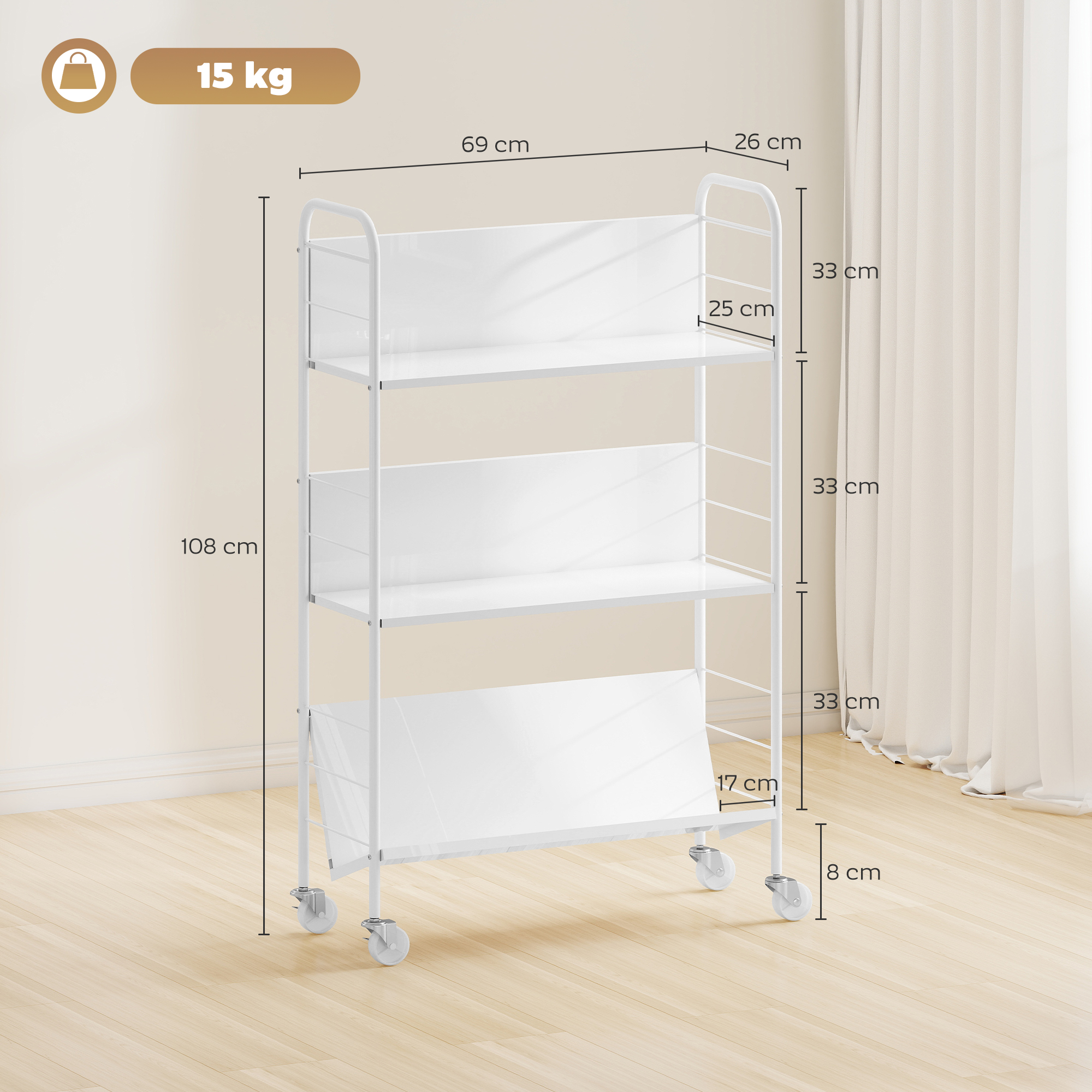 Bücherregal Aufbewahrungsregal mit 3 Ebenen, Rädern, Spielzeugregal für Schlafzimmer, 69 x 26 x 108 cm, Weiß