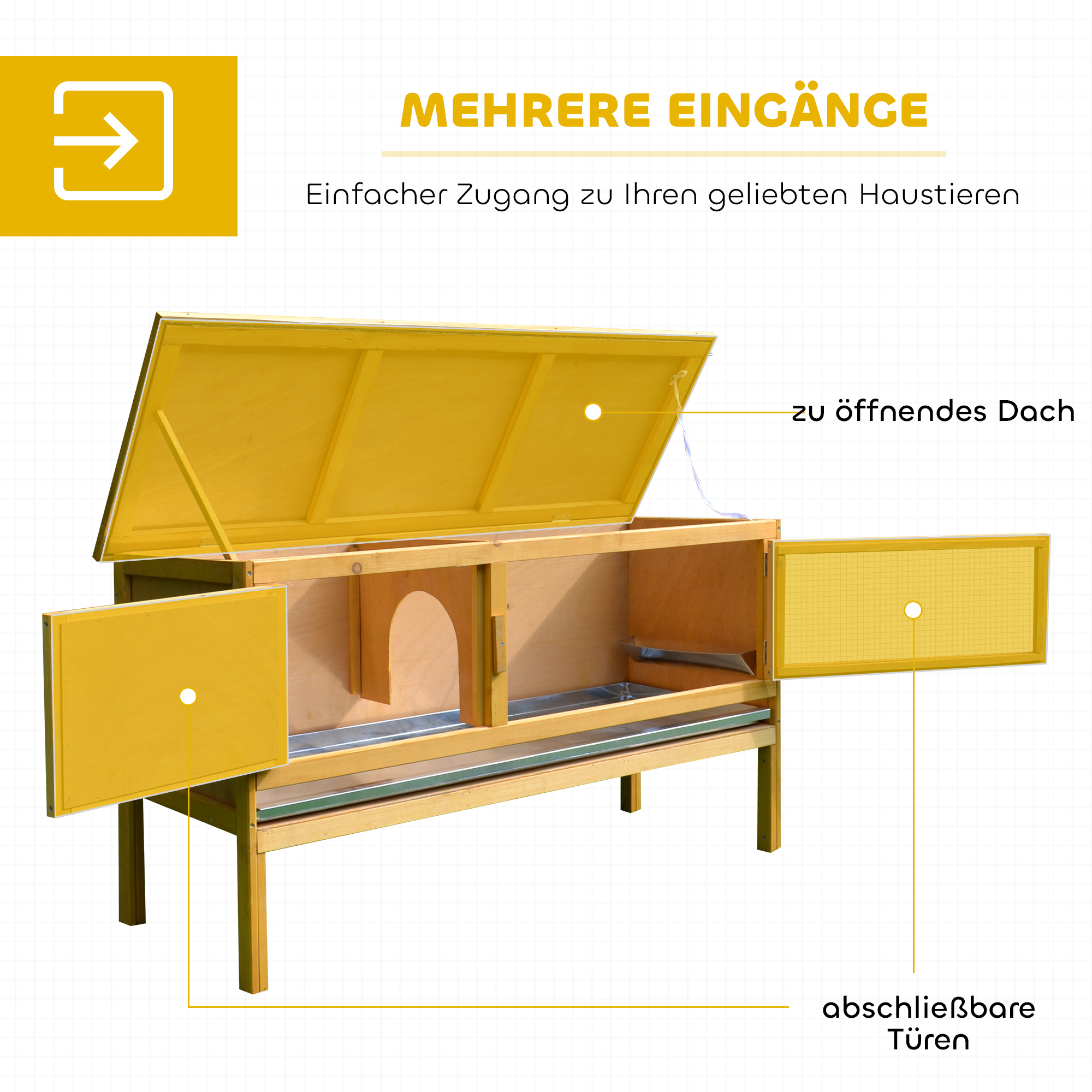 Hasenstall Kaninchenstall aus Holz mit aufklappbarem Dach, 2 Türen, auslaufsicherer Schale, 115x44,3x65 cm Hellgelb