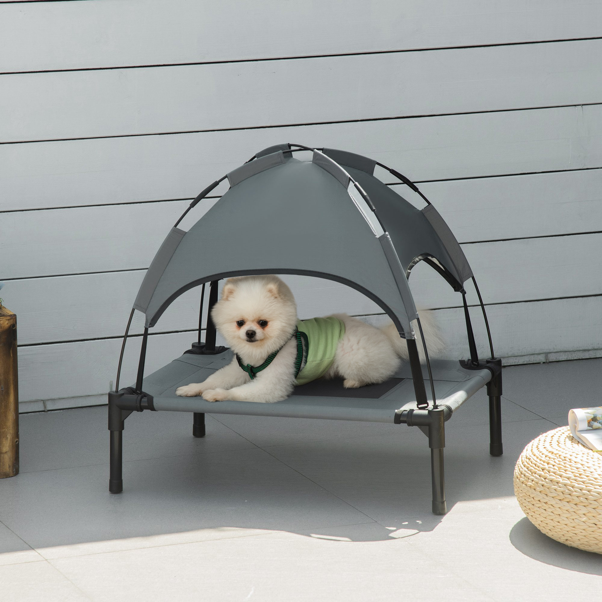 Erhöhtes Hundebett mit Baldachin, Haustierbett, Hundeliege outdoor mit Dach, Atmungsaktiv, Taftstoff für Camping Grau 61 x 46 x 62 cm