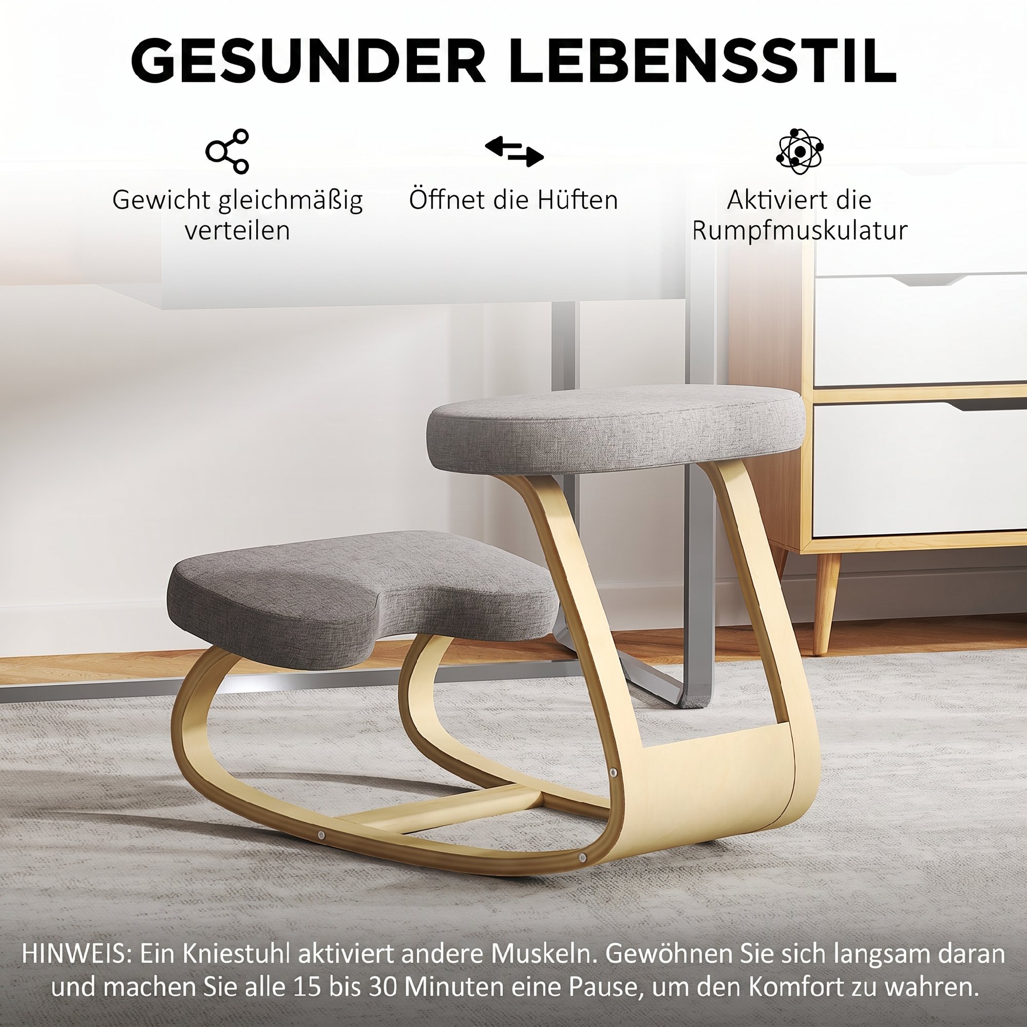 Kniestuhl, Ergonomischer Kniehocker mit Leinenoptik, Basis aus Birkenholz zur Verbesserung der Nackenschmerzen