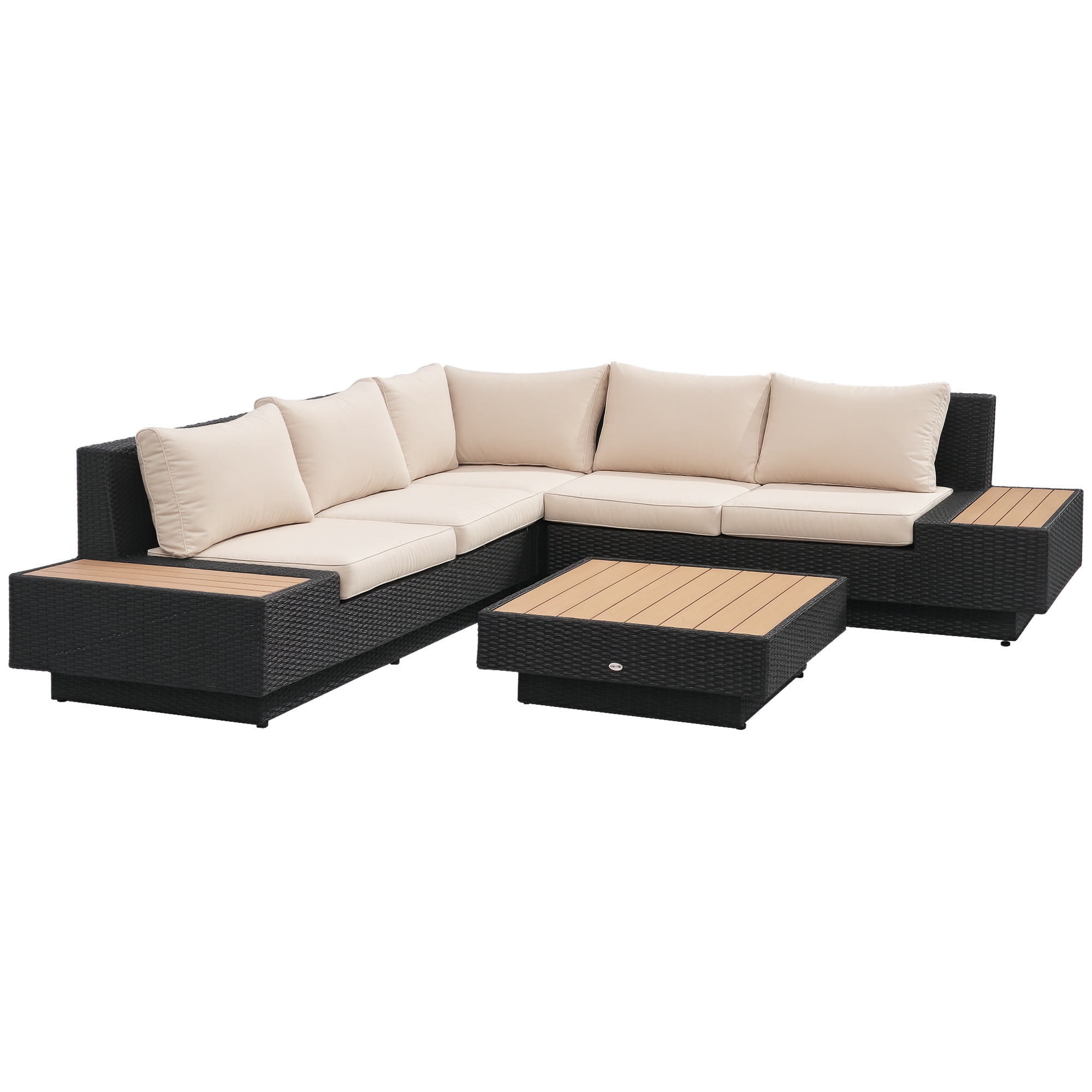 4-tlg. Luxus Polyrattan Gartengarnitur Gartenmöbel Garten-Set Sitzgruppe Loungeset Loungemöbel inkl. Ablagen und Beistelltisch Sitzkissen Schwarz