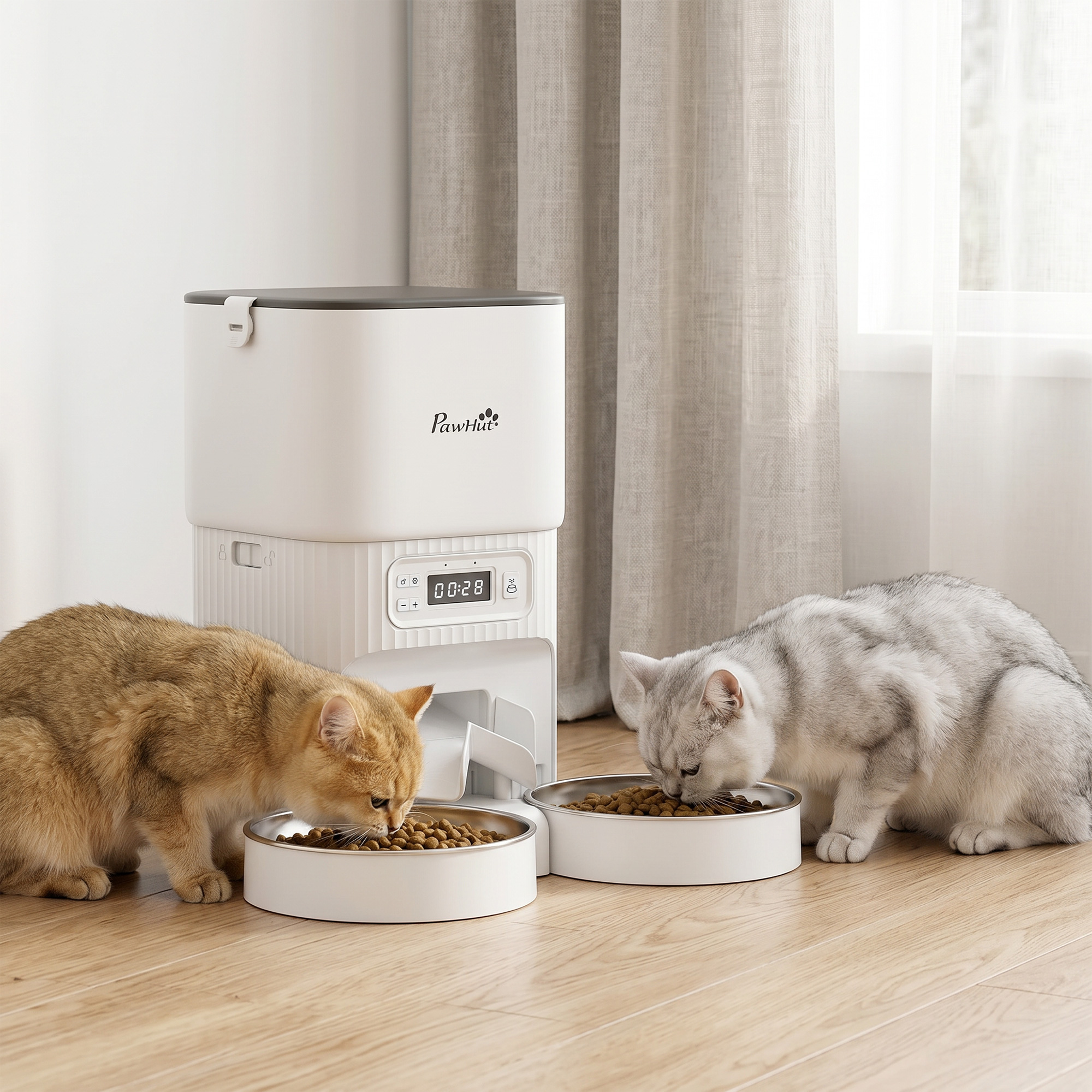 automatischer Katzenfutterspender mit Zeitschaltuhr, Portionierung und 2 Edelstahlnäpfen